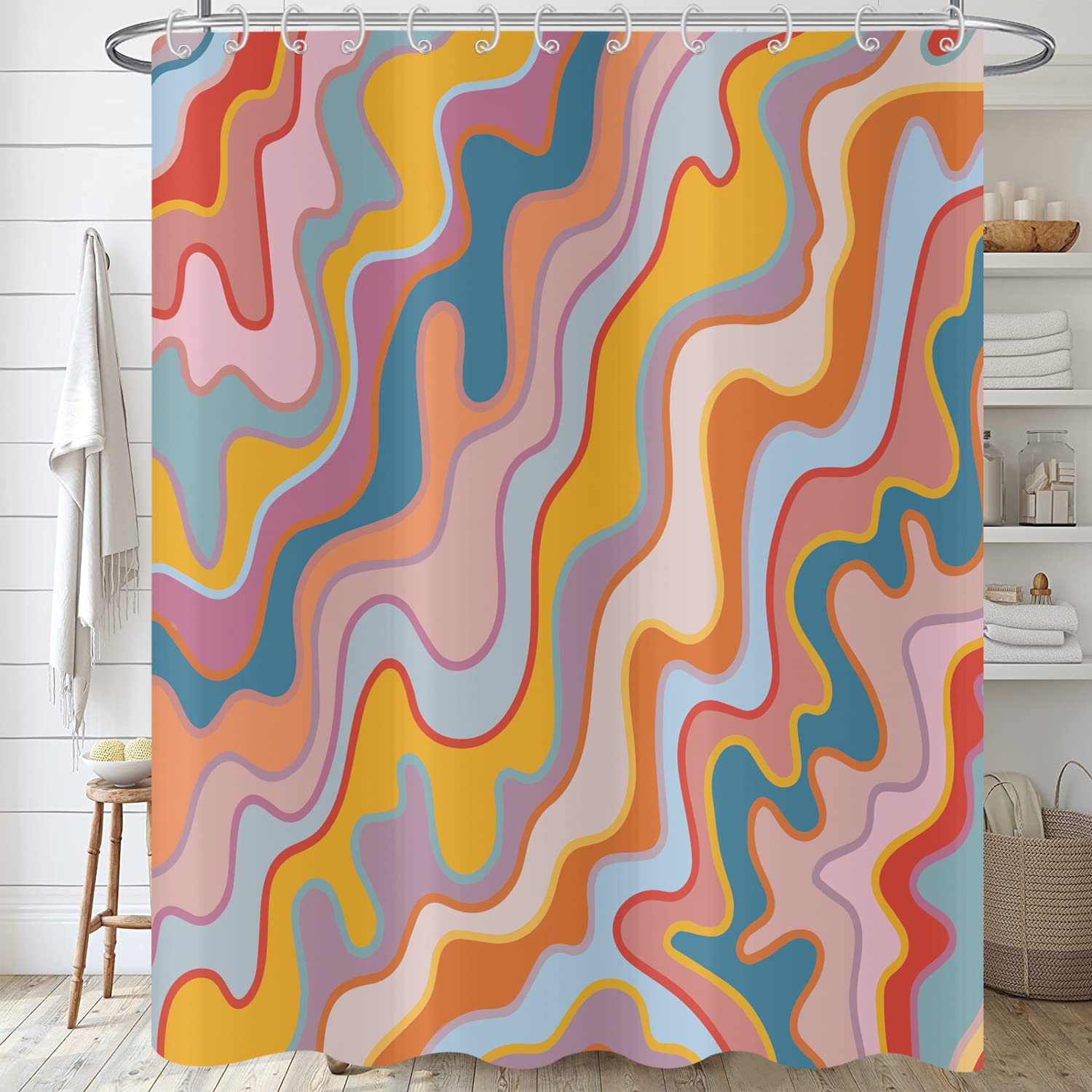 Hnmdmyi Vintage Abstract Art Shower Curtain 200x180, Pastel Rainbow Colorful Groovy Waves Stripes Geometric Bathroom Curtains Aesthetic Retro Minimalist Waterproof Fabric Washable Bath Curtains
