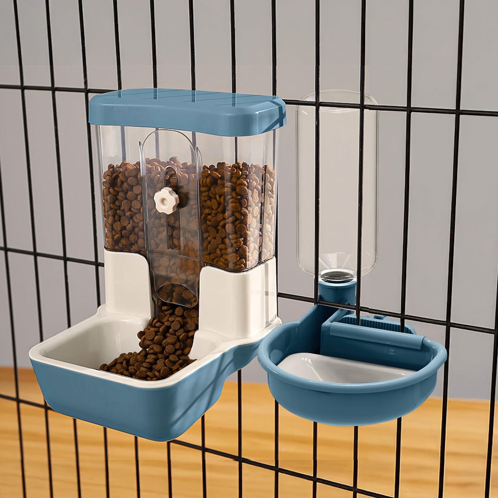 Automatischer Futter Wasserspender, Hängend für Käfige, Geeignet für Welpen, Kätzchen, Kaninchen, Meerschweinchen, Chinchillas, Igel, Frettchen (Blau)