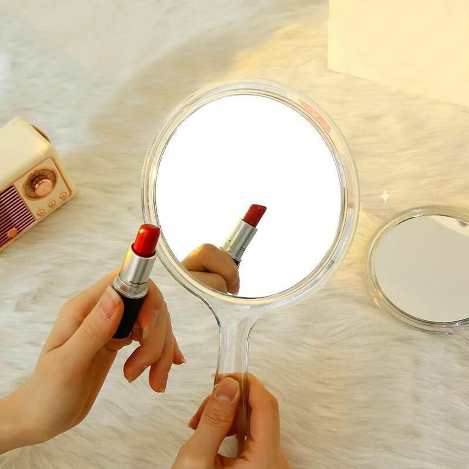 specchio a mano bifacciale, specchio a mano con manico, lente d'ingrandimento trasparente multifunzione 1x/2x, adatta per il trucco quotidiano femminile., SMJ-2X