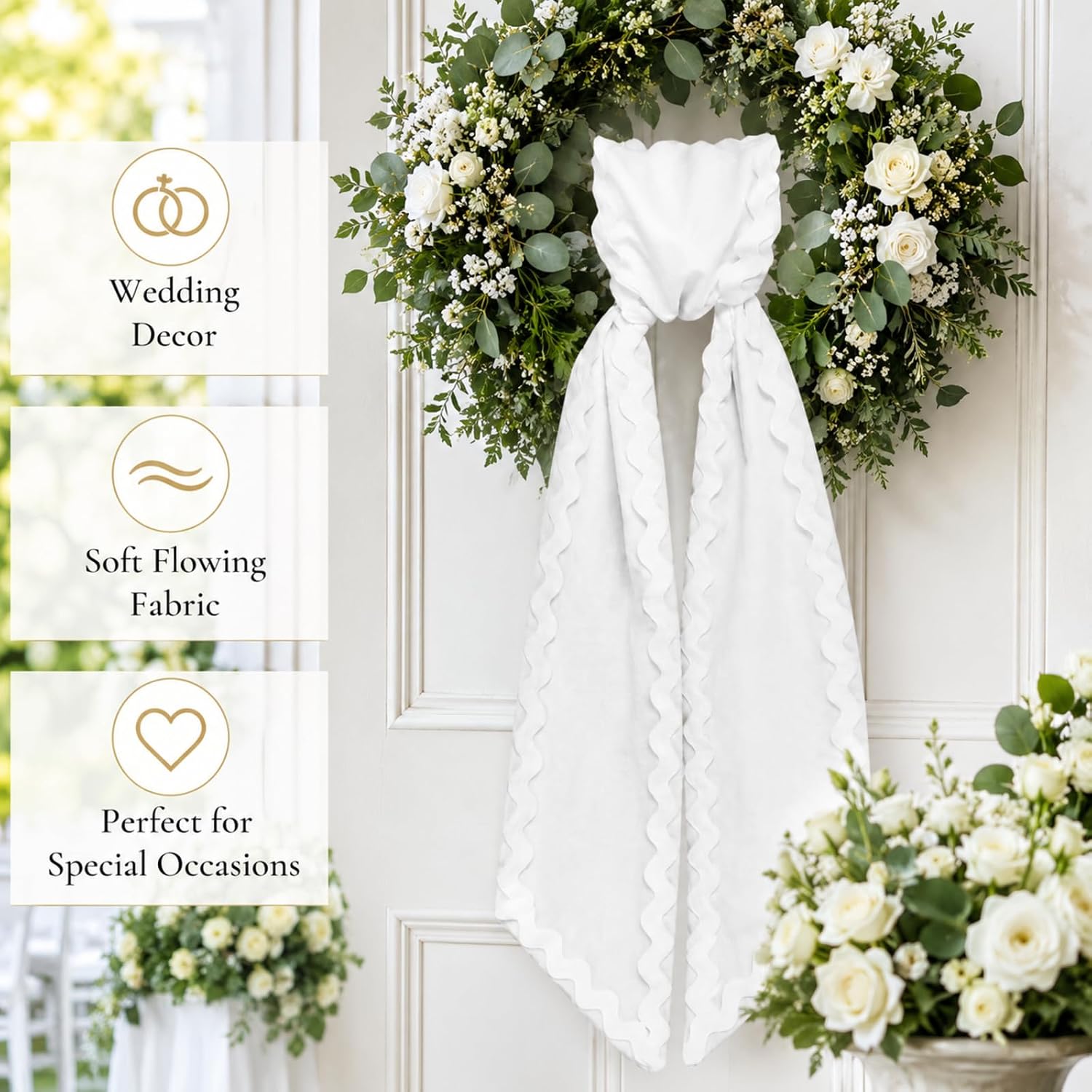 White Wreath Sash, 56 Inch Blank Wreath Scarf for Front Door with Wave Pattern, Wreath Sash for Door Decor