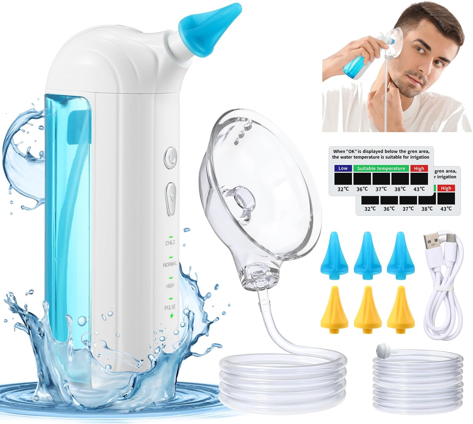 Electric Ear Wax Removal Kit, Ear Cleaner with 6 Replacement Tips, Ear Cleaning Machine with Extension Water Supply Tube, Safe & Effective Ear Irrigation Flushing System for Ear Wax Buildup