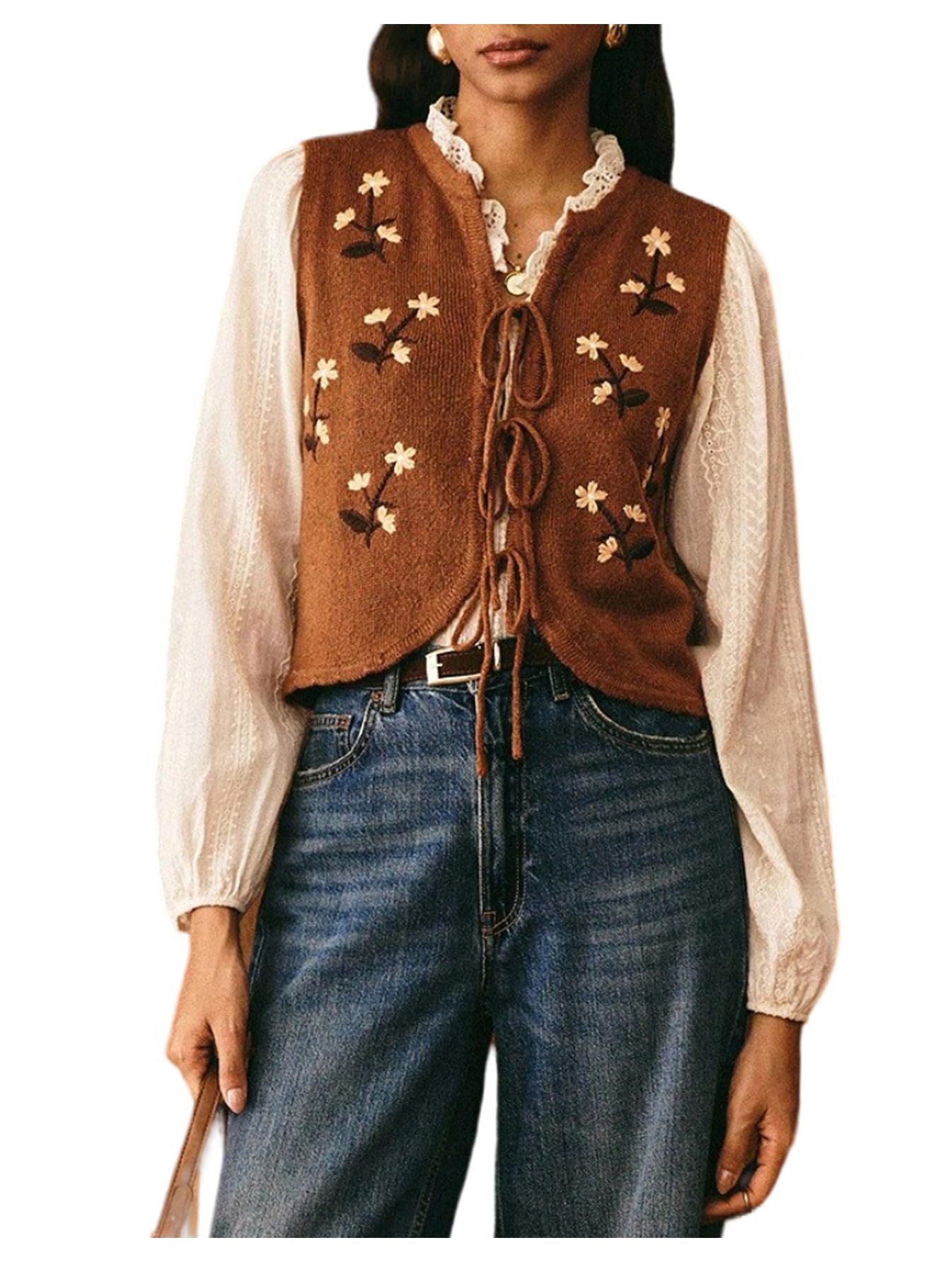 MakeMeChic Womens Floral Embroidery Sweater Vest Tie Front Sleeveless Vintage Western Vests