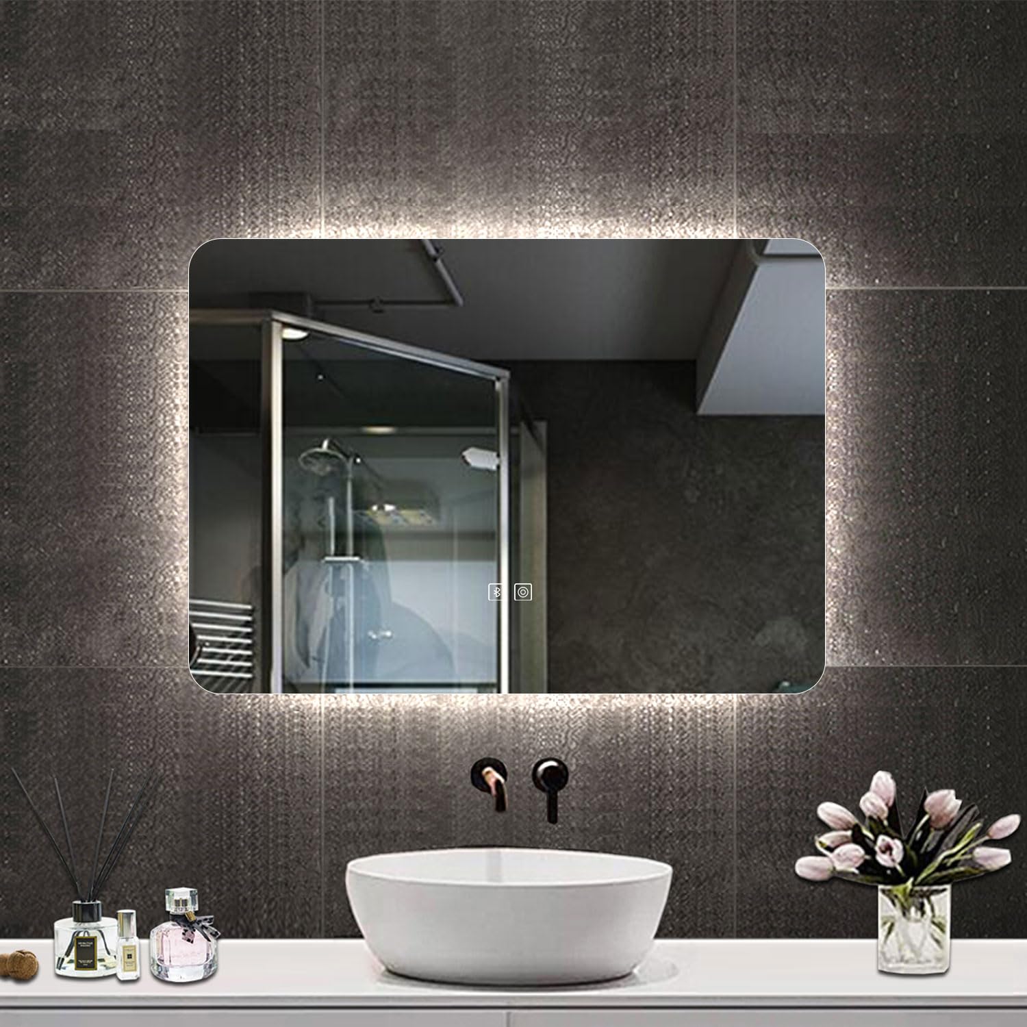 Sky Bathroom White Skybathroom 700X500mm Backlit Illuminated Led Bathroom Mirror With Bluetooth Speaker, Shaving Socket, 3 Colors Dimmable Brightness,Memory Function,Anti-Fog
