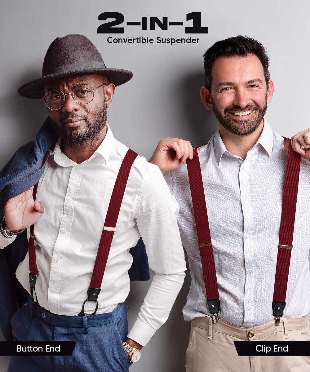 Convertible Suspenders with Interchangeable Clip & Button End Styles, Elastic Y-Back