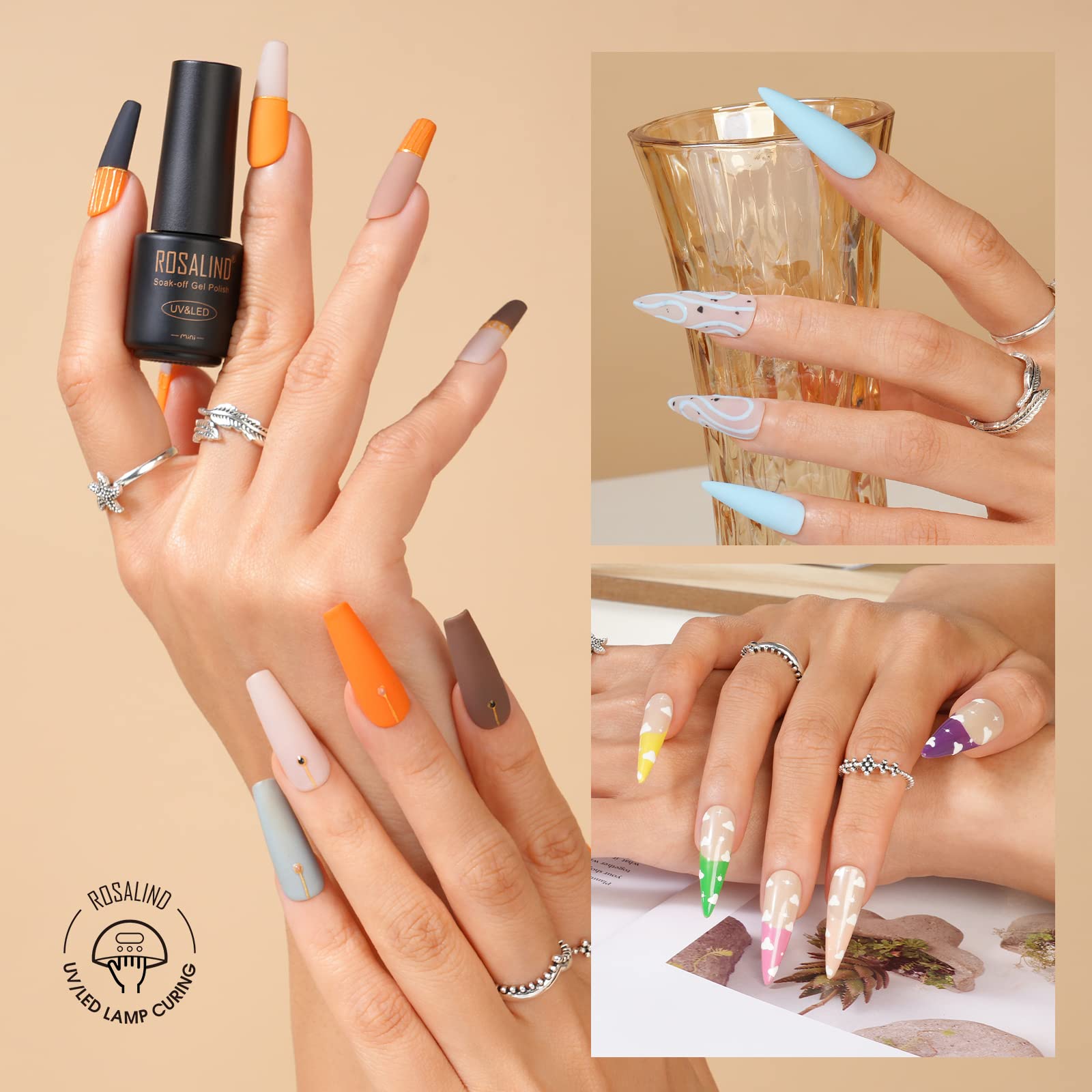 ROSALIND Vernis à Ongles Gels Semi Permanent 48 Pcs, 45 Couleurs + 1Base ＋1 Top Coat Brillant ＋1 Top Coat Matte, Lot Mini Nu Gris Vert Violet UV LED
