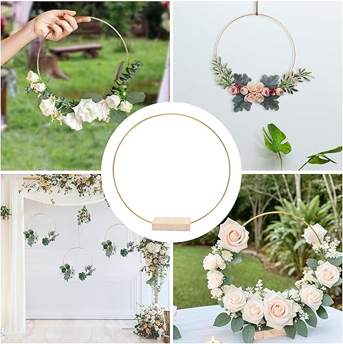 Miniatura 4 de GUDELAK 25 piezas de centro de mesa de aro floral de metal de 12 pulgadas con soporte para mesa, anillo de corona de oro de macramé de metal con 25