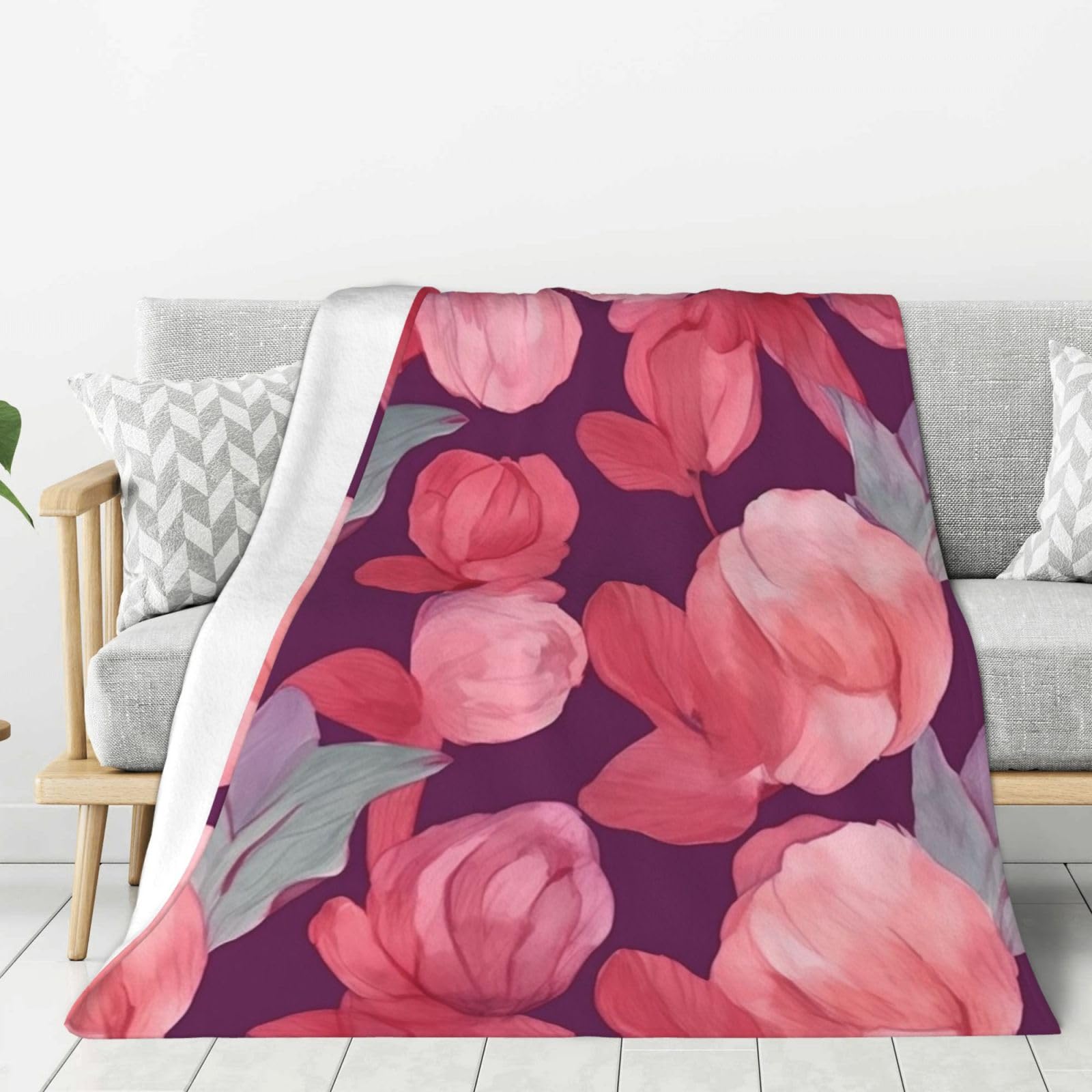 Couverture polaire en flanelle motif pivoine 152x203 cm pour lit et canapé