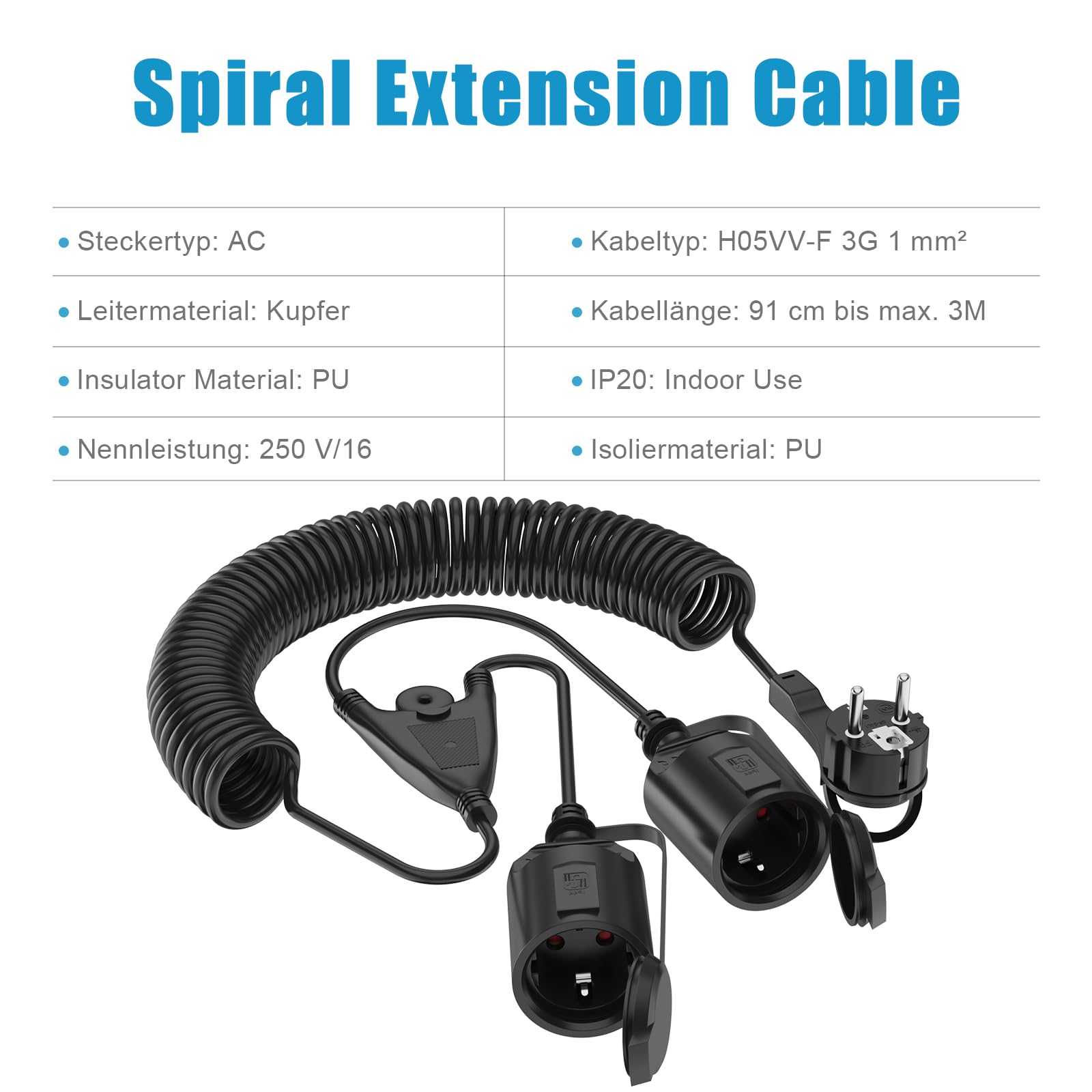 Rallonge spiralée, IP20, étanche, 1 à 2 contacts de protection, câble spiralé, extensible de 3 m Max, rallonge avec 2 prises Schuko (250 V/16 A, noir)