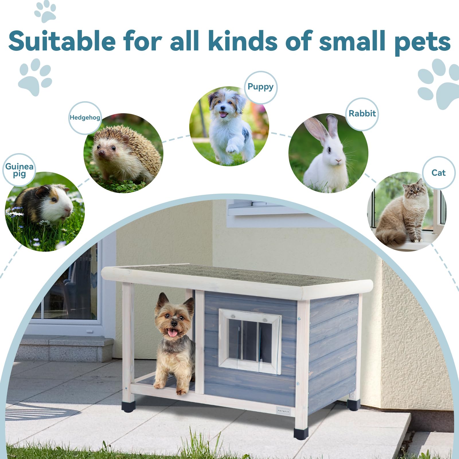 Petsfit Domek dla psów drewniany ze stalowym oknem, buda na zewnątrz z dachem asfaltowym