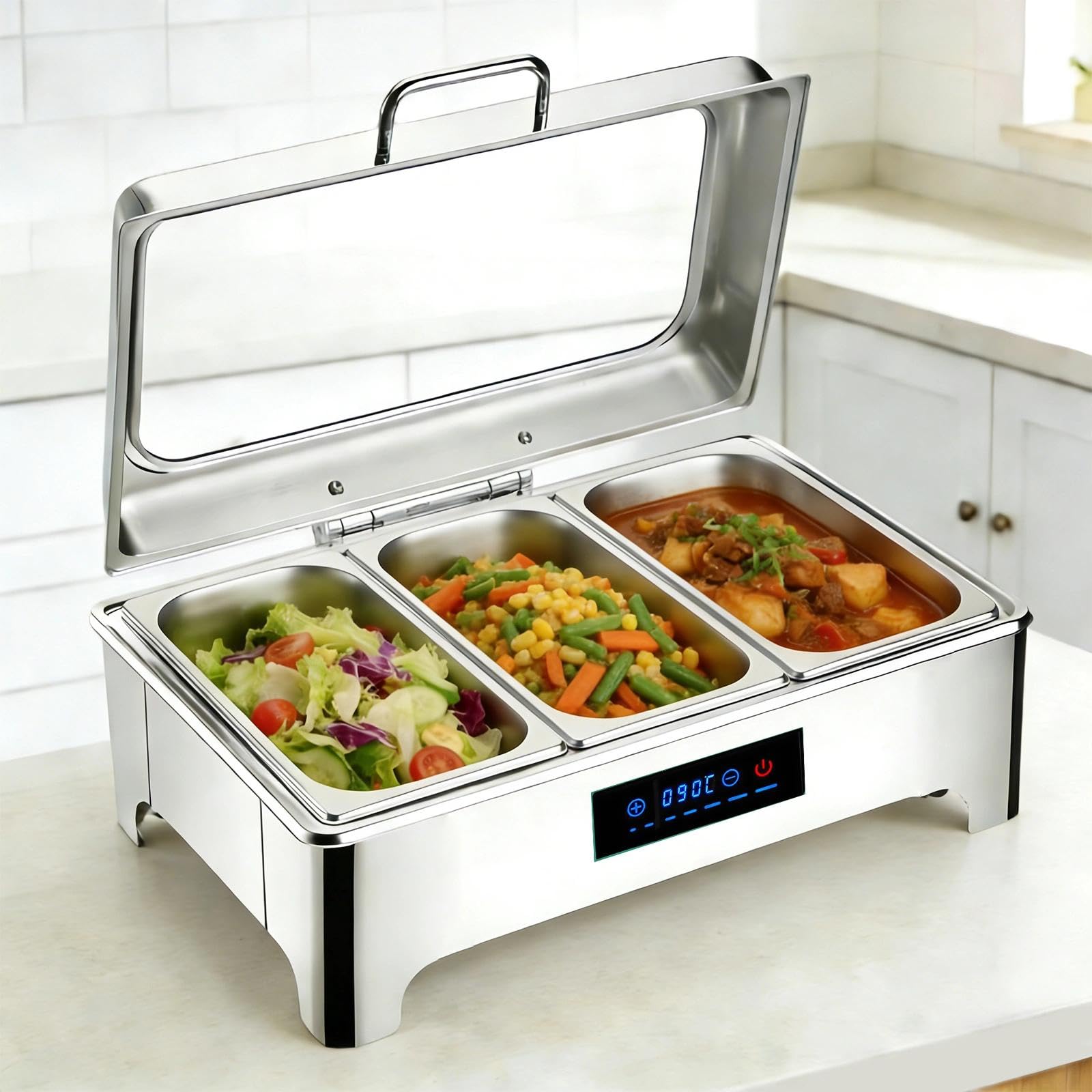 Chafing Dish Elettrico, 9L Scaldavivande Elettrico Acciaio Inox, Professionale Chafing Dish Buffet Elettrico Temperatura Regolabile con Coperchio Visibile per Hotel, 400W(1/3)