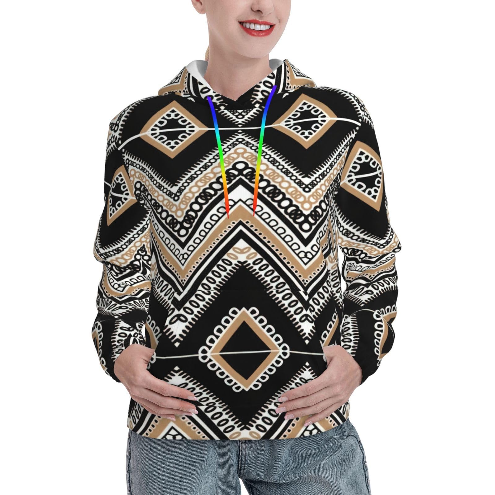 Sweat à capuche imprimé zigzag tricolore | Pull doux ajusté avec poche kangourou - 8