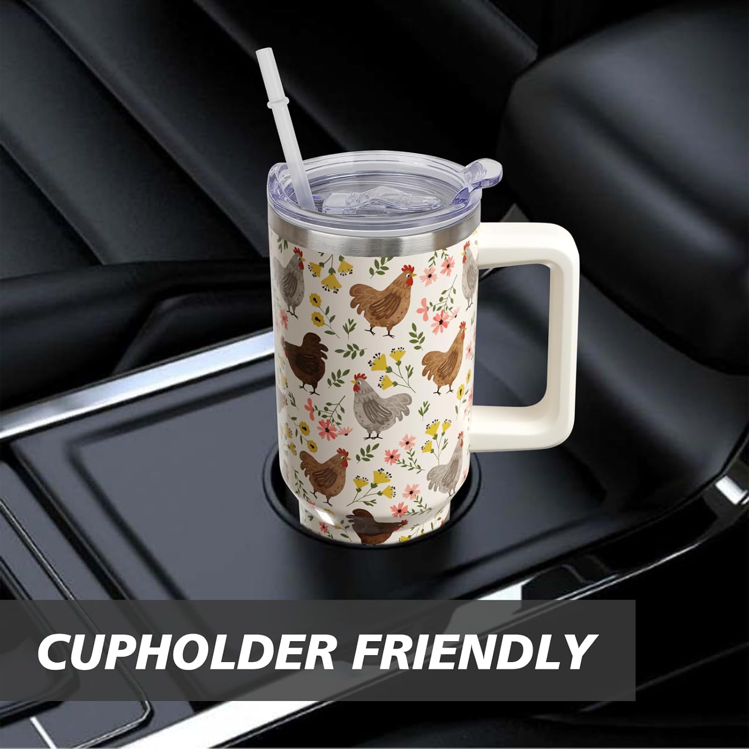 40 oz Chicken Tumbler with Handle and Straw, Floral Rooster Stainless Steel Vacuum Insulated Travel Coffee Mug Cup Water Bottle, Chicken Stuff Accessories Decor, Rooster Gifts for Women Girls