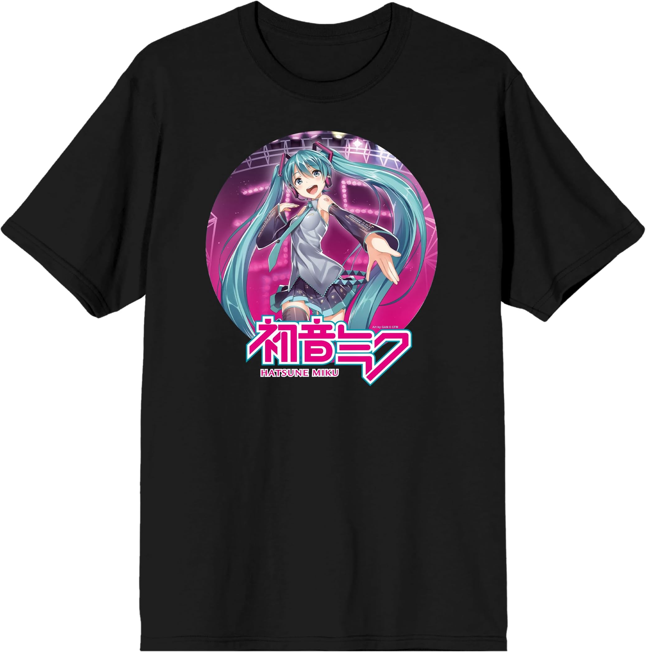 Hatsune Miku Anime Cartoon Circle Frame Black Graphic Tee
