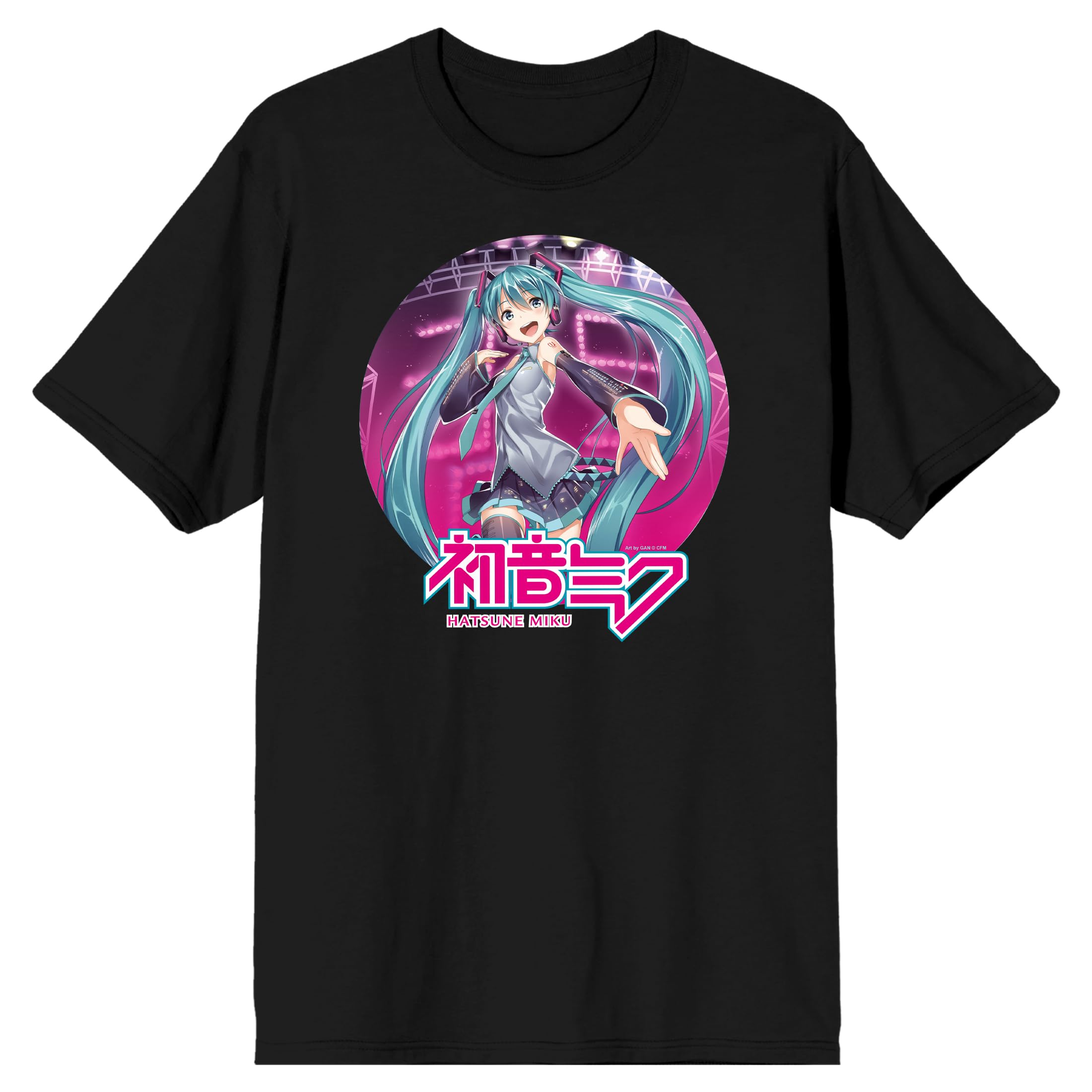 Bioworld Men's Multicolored Hatsune Miku Anime Cartoon Circle Frame Black Graphic Tee, Medium
