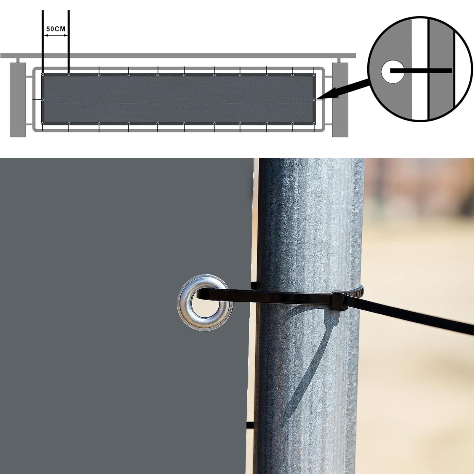 Frangivento 40 x 600 cm Resistente al Vento, Impermeabile Anti UV Telo Frangivisto Balcone Ringhiera con Corde, Occhielli per Giardino, Grigio Chiaro