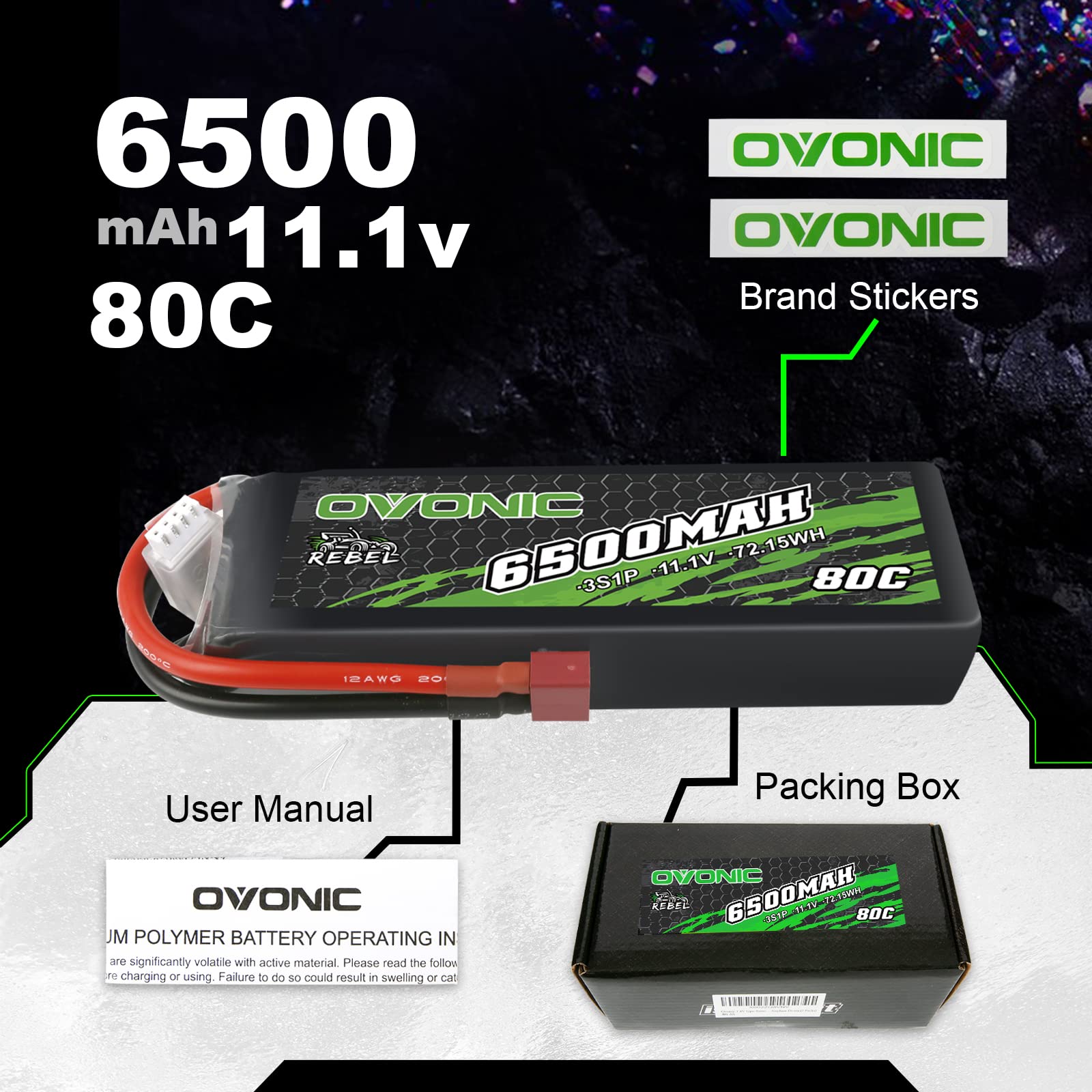 OVONIC RC Lipo akumulator 3S 11,1 V 6500 mAh 80C z wtyczką Deans T, bateria Hardcase LiPo do FPV RC samolotu, samochodu, Evader BX, Quadcoptera, śmigłowca, ciężarówki, łodzi (1 sztuka)