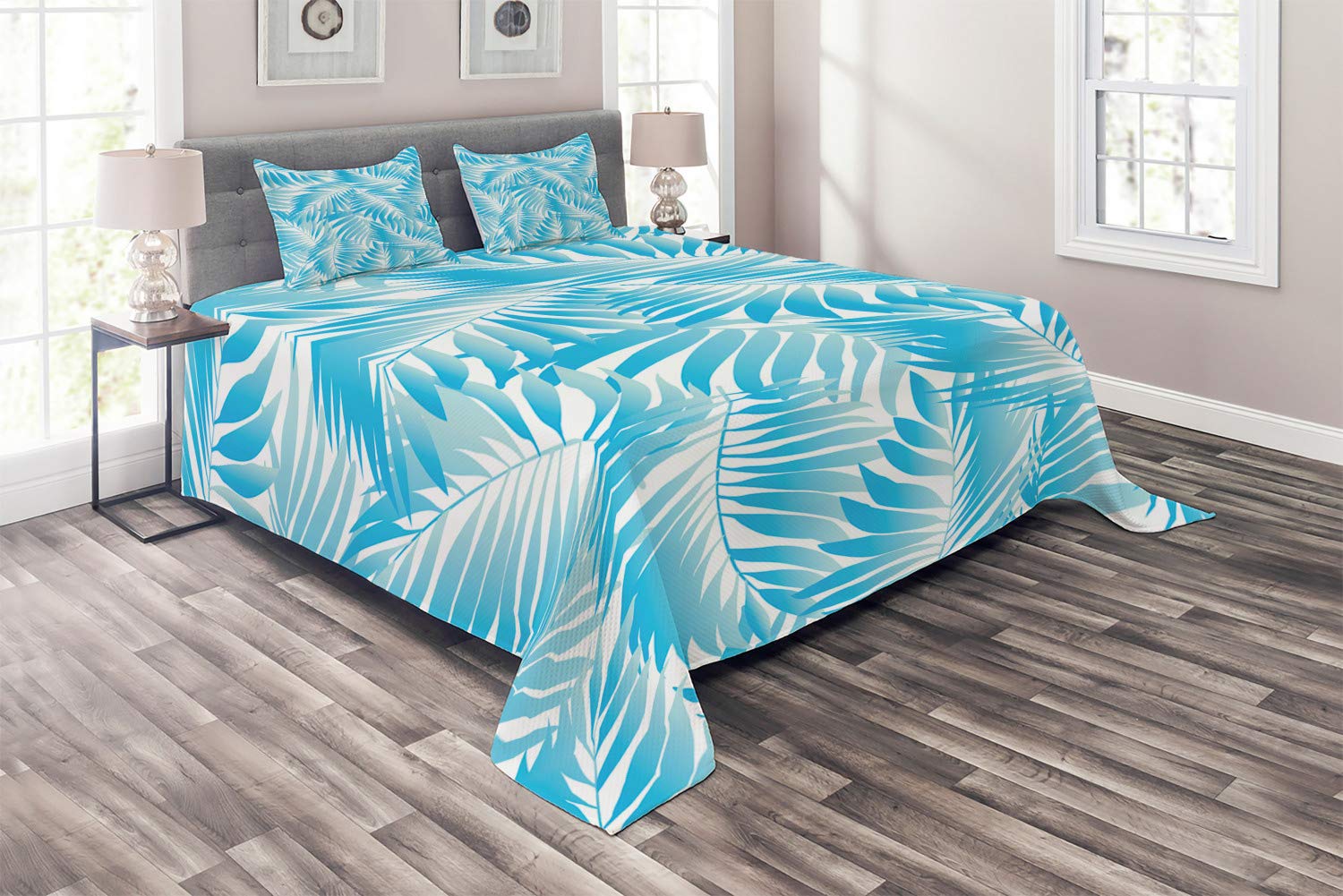Ambesonne Leaf Coverlet, Miami Tropical Aquatic Palm Leaves with Exotic Colors Modern Summer Beach, 3 Piece Decorative Quilted Bedspread Set with 2 Pillow Shams, King Size, Turquoise Aqua Blue