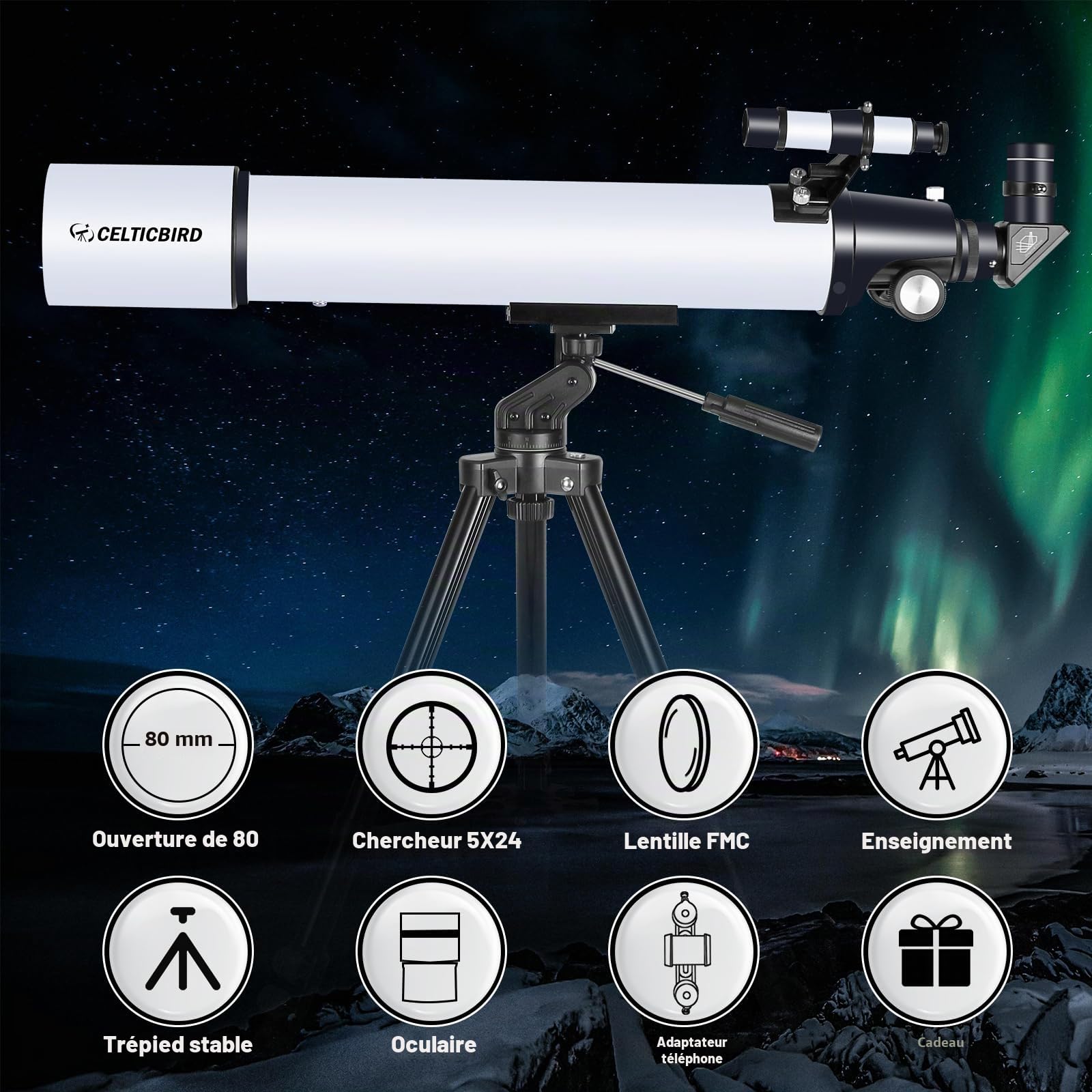CELTICBIRD Télescope 80 mm pour Adultes débutants en Astronomie – Télescope réfracteur astronomique Portable entièrement Multicouche à Haute Transmission, Monture AZ(80800)