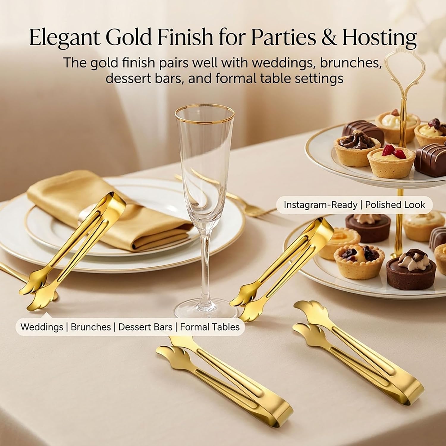 6-Piece Gold Mini Tongs, 4.33" Stainless Steel Ice Tongs for Ice Bucket