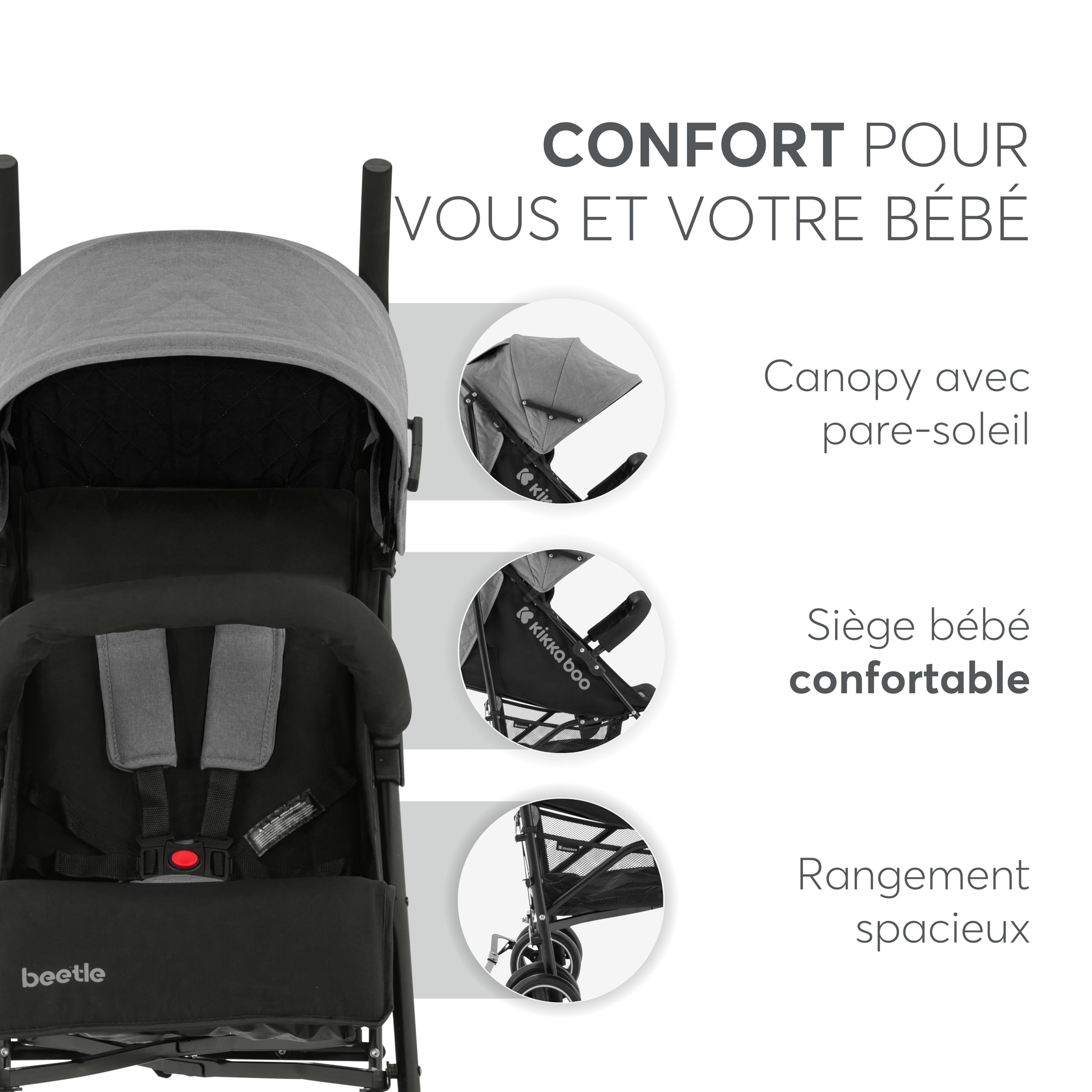 Poussette KikkaBoo BEETLE pliable compacte gris jusqu'à 22 kg