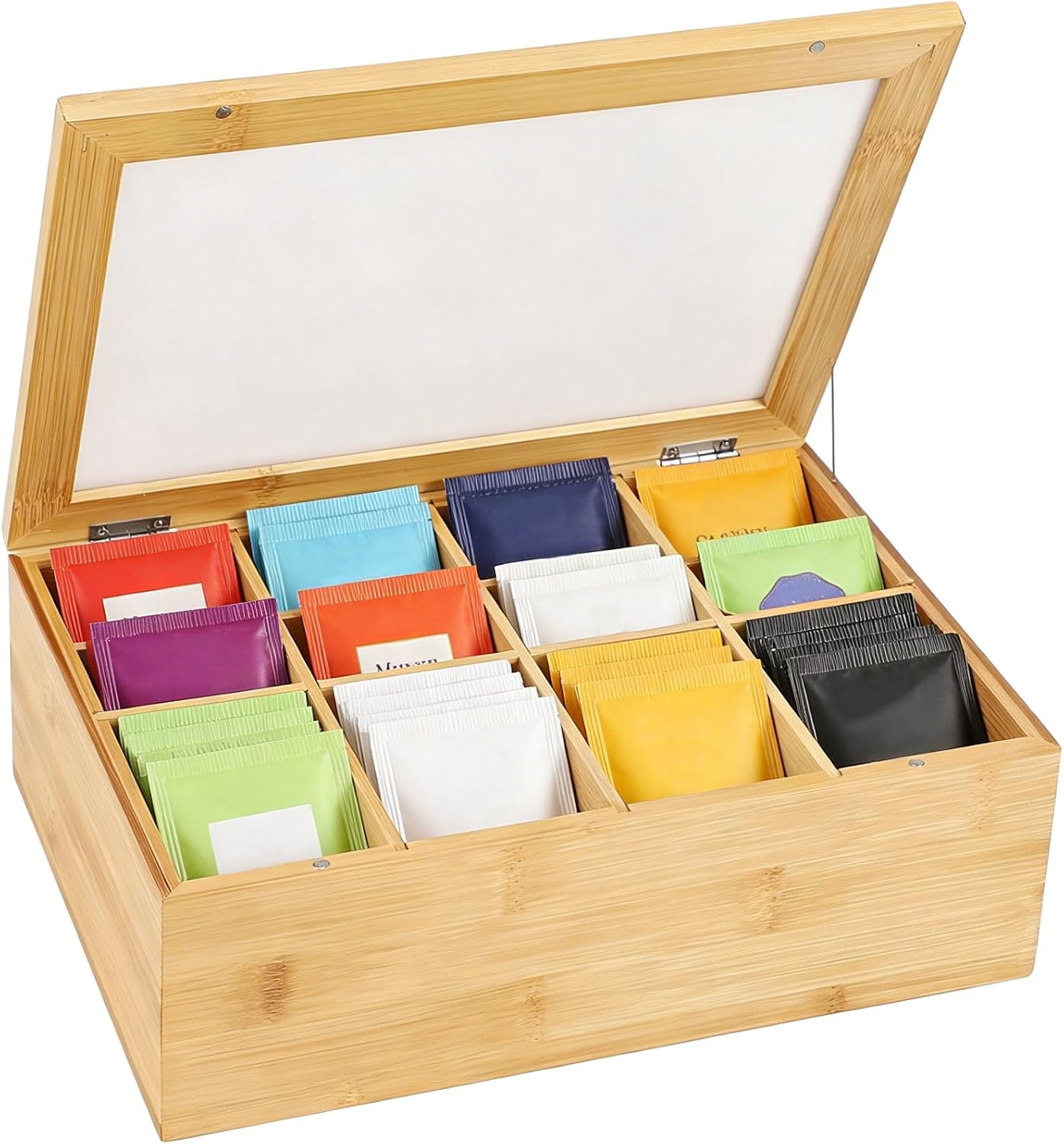 Wooden Tea Bag Organizer with Clear Lid, Sturdy 8 Compartments Storage Box, Multi-Functional Container for Tea Bags & Small Items, Ideal for Kitchen Countertop & Office Desk