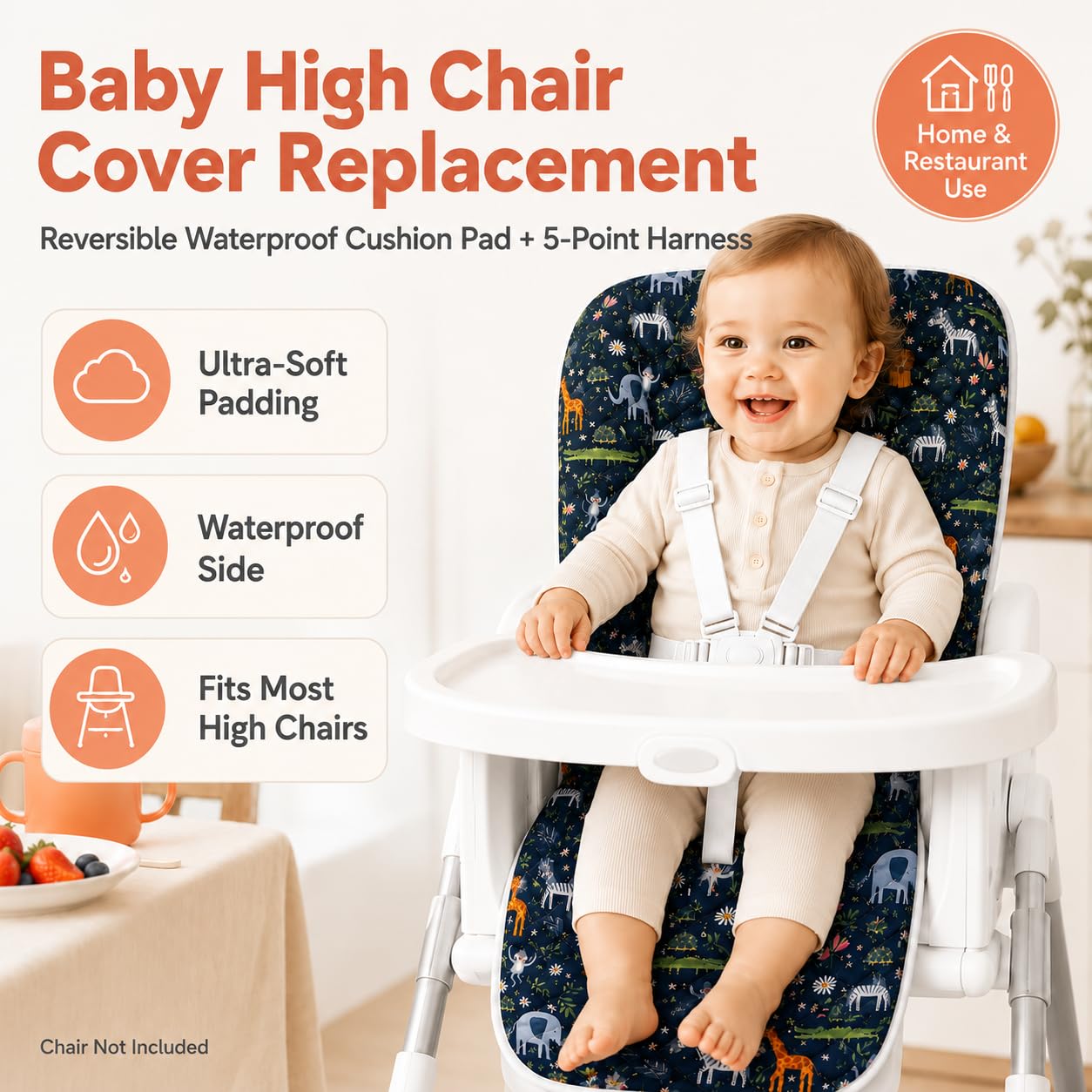 Baby High Chair Cover Replacement, High Chair Cushion with Harness