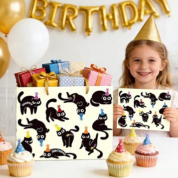 Loveinside 13 Large Black Cat Birthday Gift Bag with Cute Party Cat Design, with Tissue Paper and Greeting Card, Ideal for Kids Pet Lovers and Birthday Party Favors, 13 x 5 x 10, 1 Set