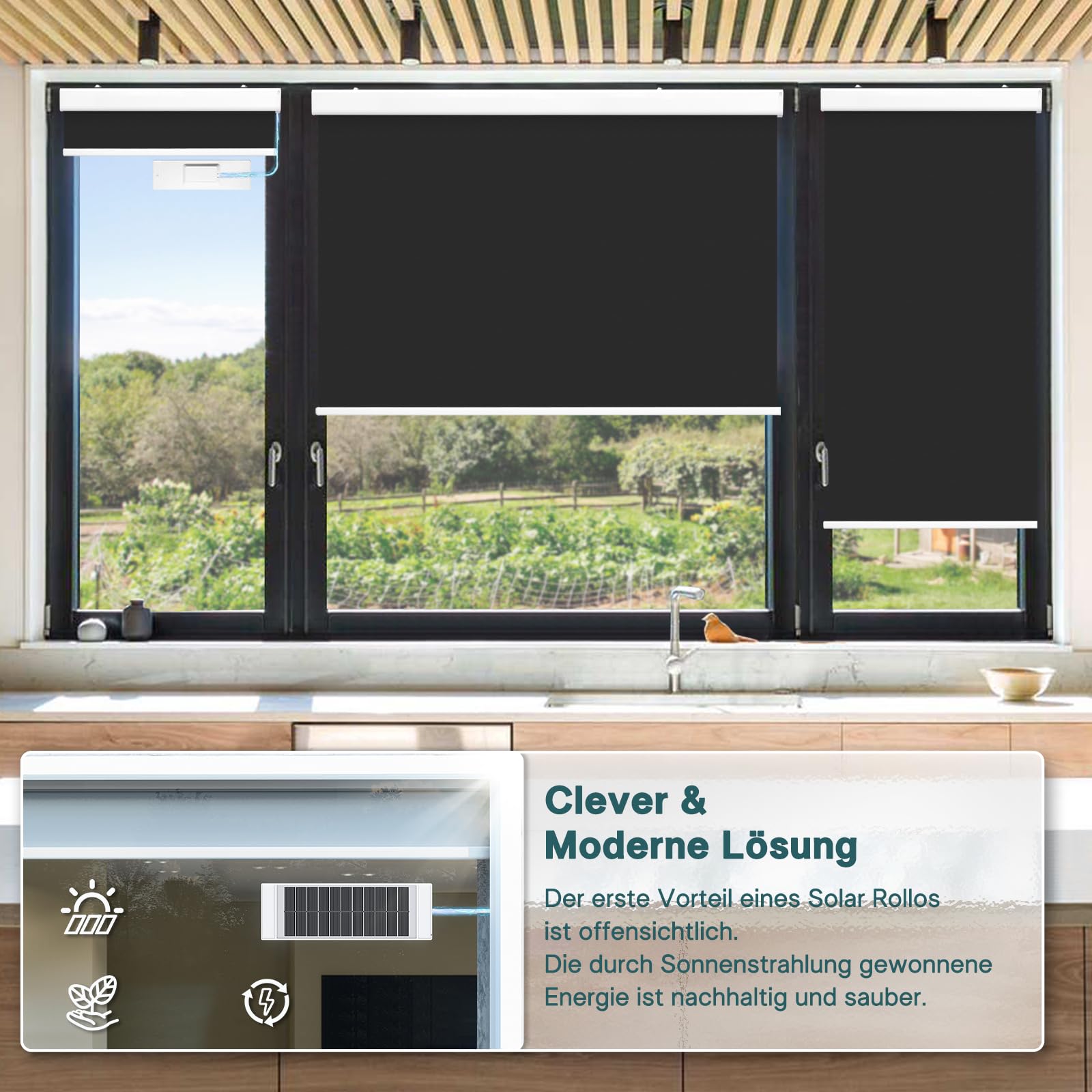 DENFOON Solar Elektrische Rollos Innen,Thermorollo Klemmfix ohne Bohren & mit Bohren,Verdunklungsrollo mit Fernbedienung Wiederaufladbar Akku Rohrmotor Rollo für Fenster Schwarz,90x170cm(B x L)