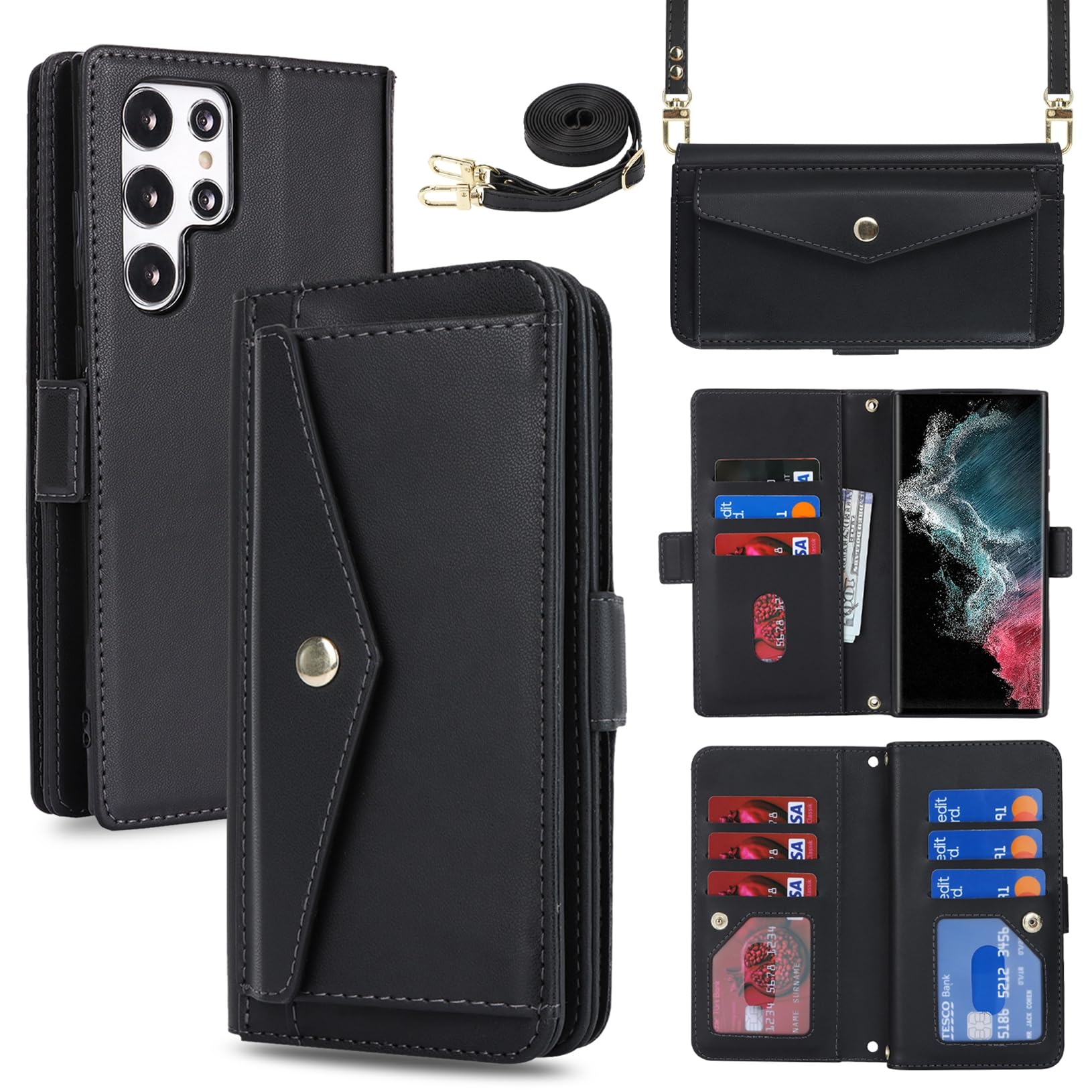 Jaorty for Samsung Galaxy S22 Ultra Wallet Case with Crossbody Lanyard Strap,Galaxy S22 Ultra Flip PU Leather Phone Case Purse Cover for Women Men with 9 Card Slots,Cash Coin Pocket 6.8 inch,Black