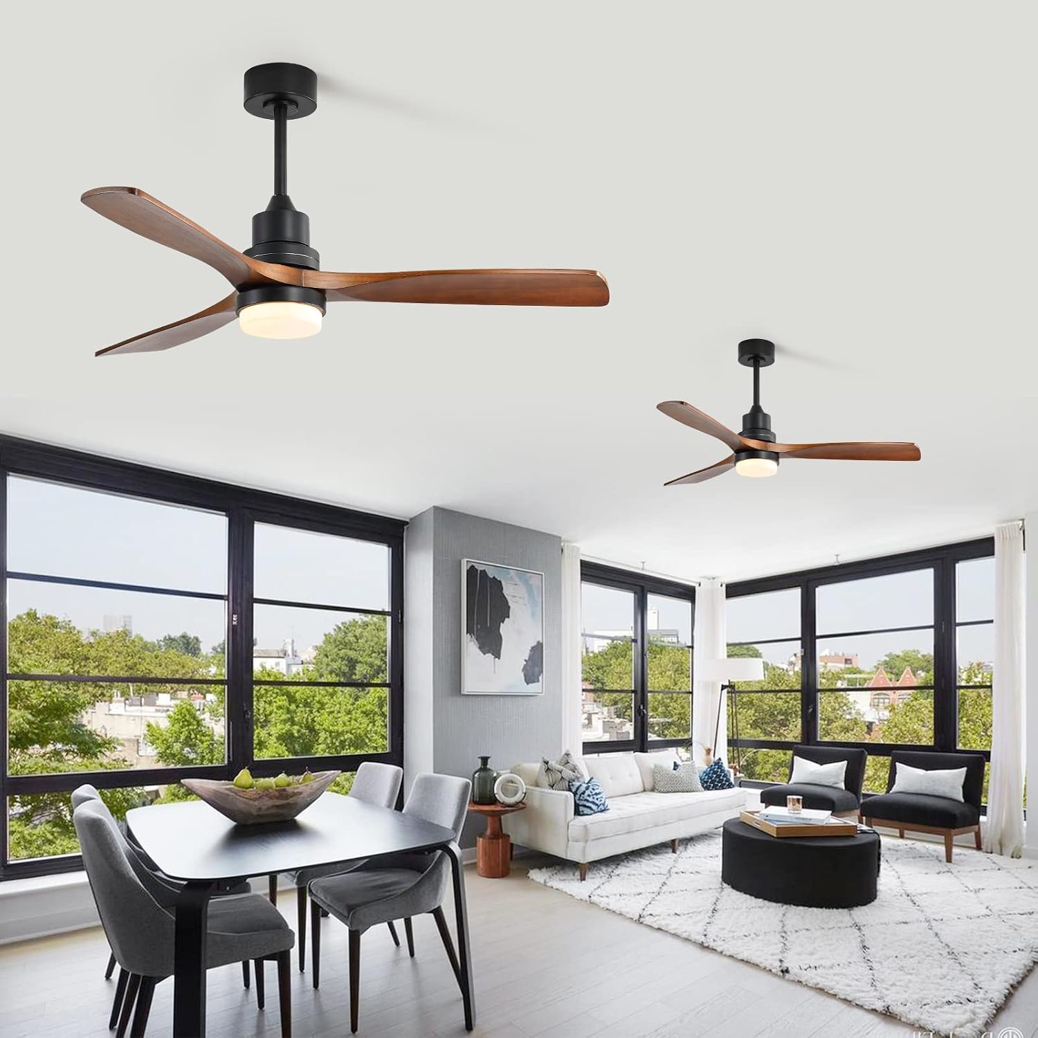 Outdoor Flush Mount Ceiling Fans with Lights Remote,52''Low Profile Ceiling Fans with 3 Solid-Wood Blade,Noiseless Dc Motor and 3 Color Dimming Light for Indoor Outdoor Living Room Farmhouse