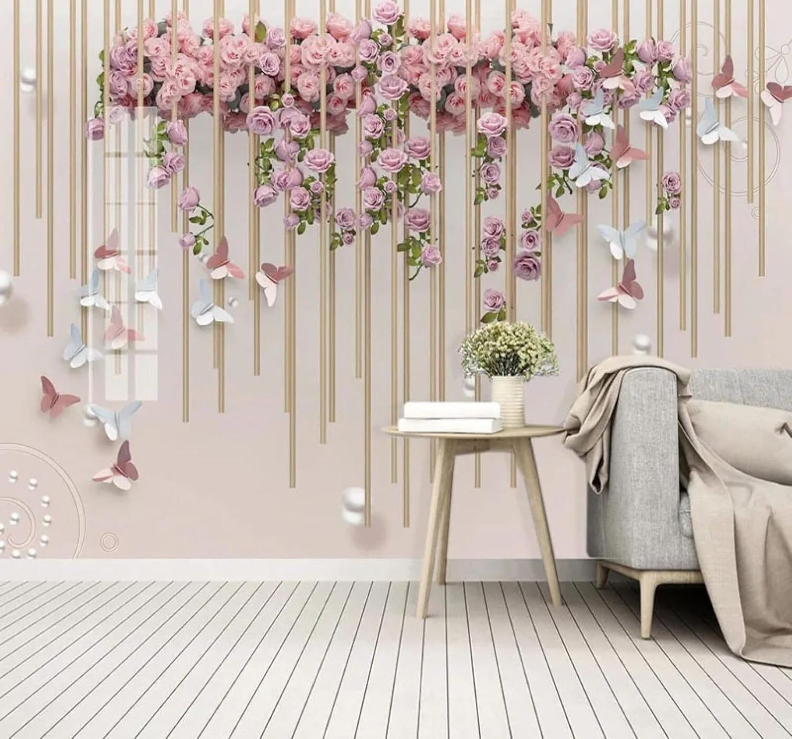 XLMING Relief Three Dimensional Romantic Roses Butterflies 3D Wallpaper Luxury Silk Study Dining Feature Sofa Grey Bedroom Living Room Tv Decorative Wall-430cm×300cm