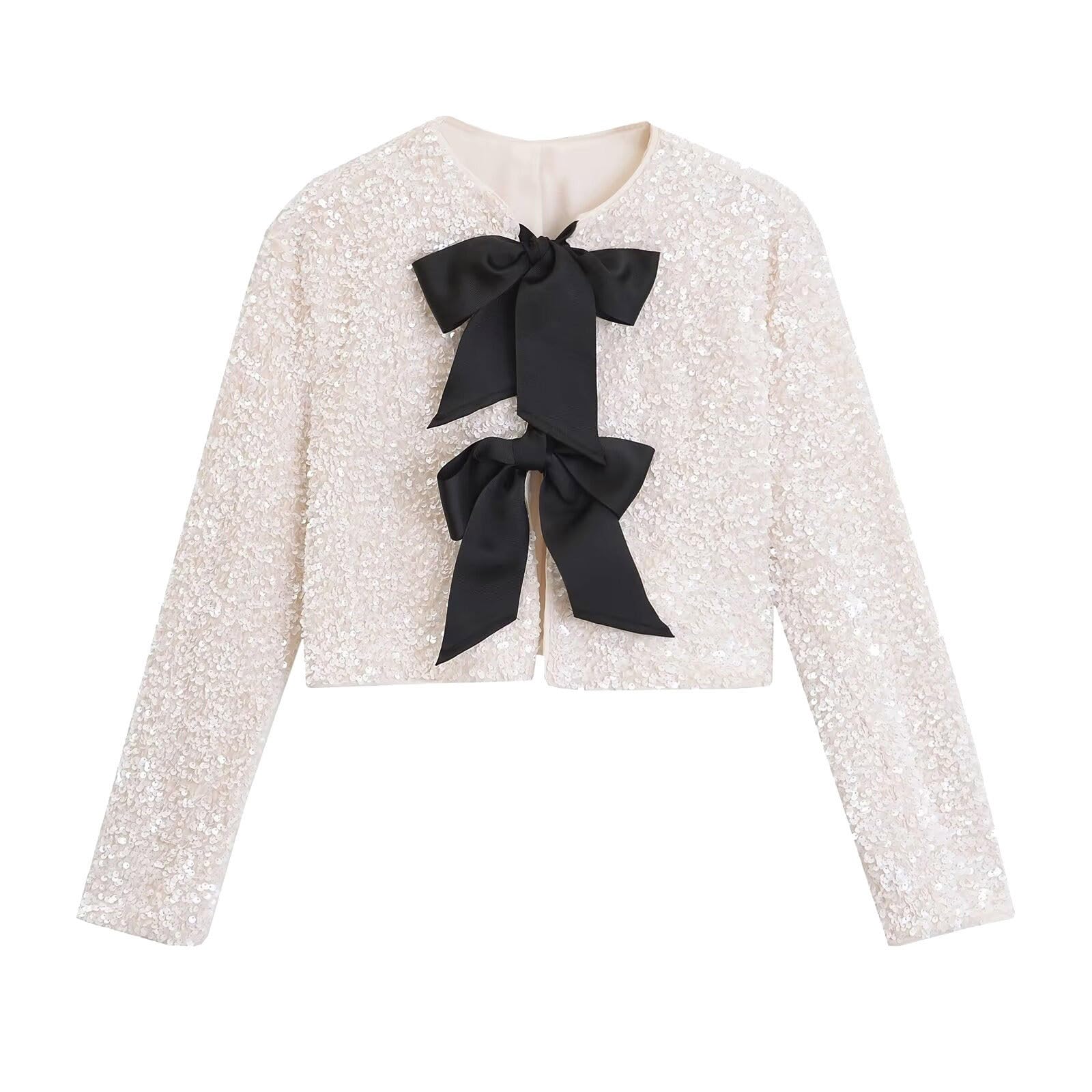 Women Sequined Cardigan Jacket Tie-Front Bow Coat Fashion Fall Winter Sparkling Cropped Top Party Concert Night Y2k