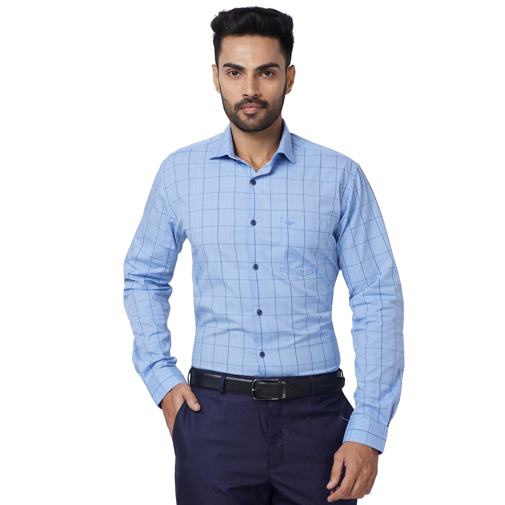 Park AvenueMen's Checkered Slim Fit Shirt (PCSA02649-B2_Light Blue 46)