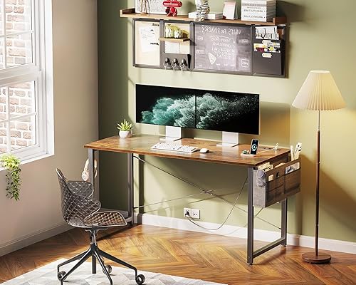 Miniatura 2 de KKL Escritorio pequeño con tomas de corriente y puerto USB, escritorio para computadora para oficina en casa y juegos, estilo simple y moderno,