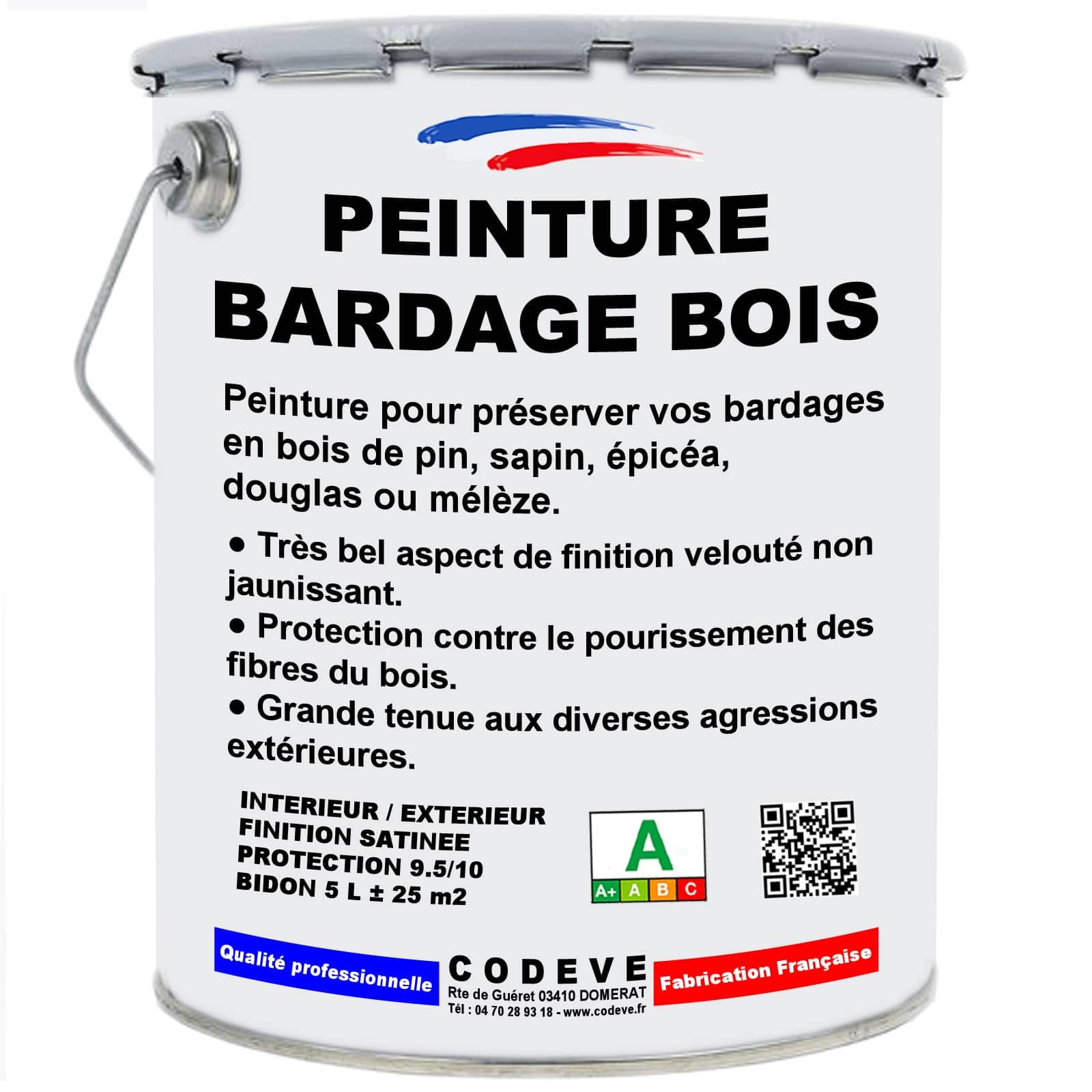Peinture Bardage Bois - Codeve Bois/RAL 9010 - Blanc pur - 5L - Intérieur/extérieur - Pour La Protection De Votre Bardage En Pin, Sapin, épicéa Ou Mélèze.