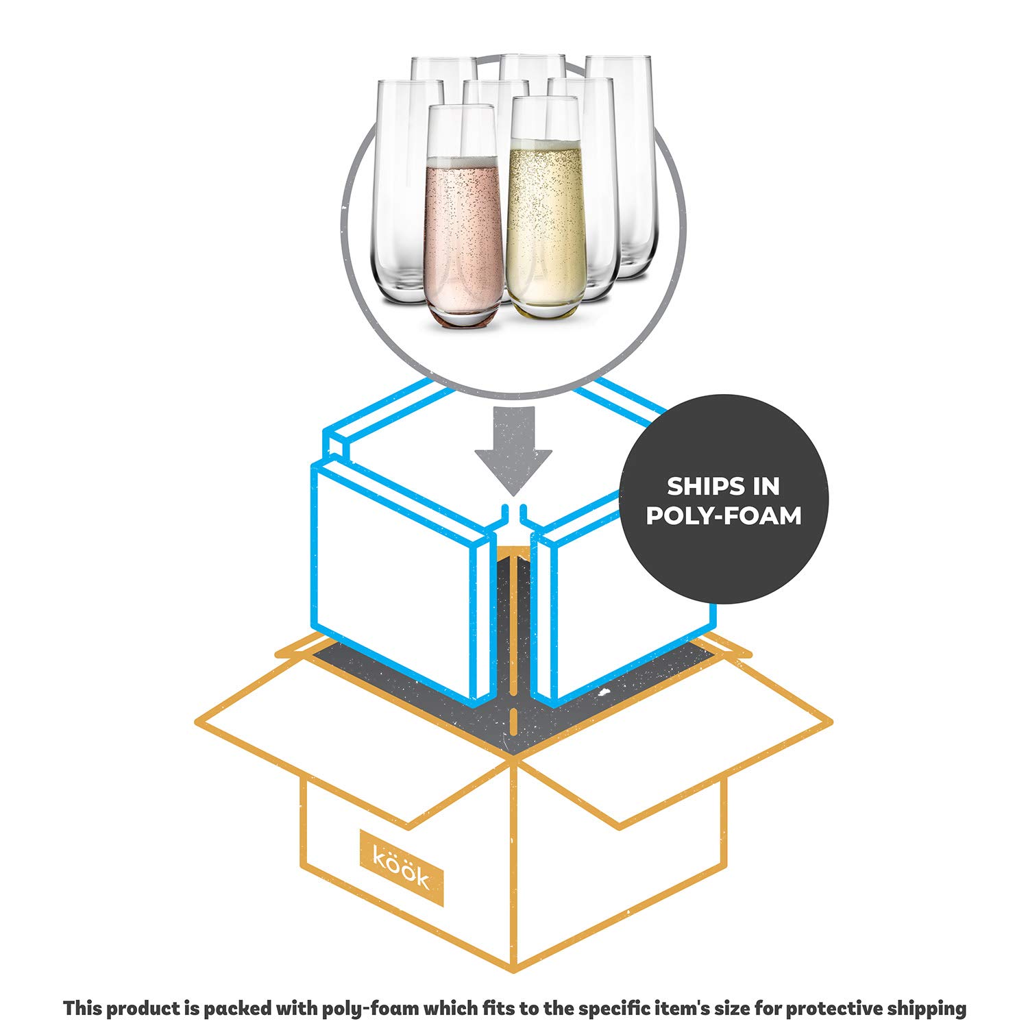 KooK Lot de 8 flûtes à champagne en verre sans pied pour rose, prosecco, mimosa, idéales pour les mariages et les fêtes, passent au lave-vaisselle, 300 ml