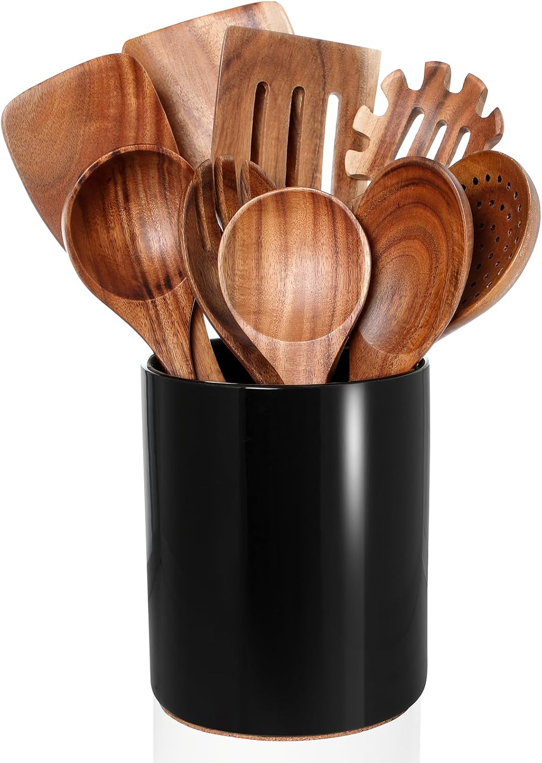 Nucookery Wooden Cooking Utensils Set with Holder, Teak Wood Utensils, Ceramic Holder for Countertop with Protection Cork Bottom, Nonstick Spoons, Cooking Spatula Set, 10 Pcs Kitchen Decor, (Black)