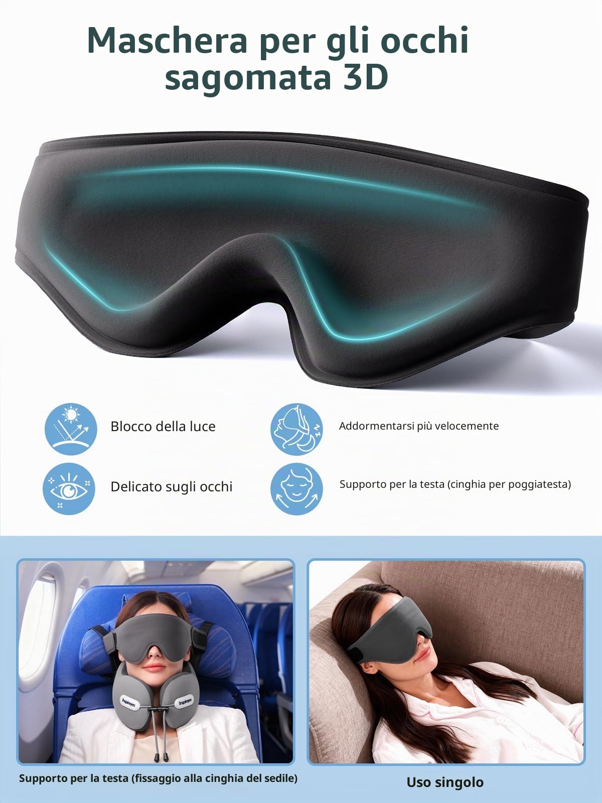 Inspireyes Cuscino per il Collo, Cuscino da Viaggio con Cinturino per Sedile, Maschera da Sonno 3D, Supporto Doppio per Collo e Testa, Cuscino per Aereo in Schiuma ad Alto Supporto per Lunghi Voli e