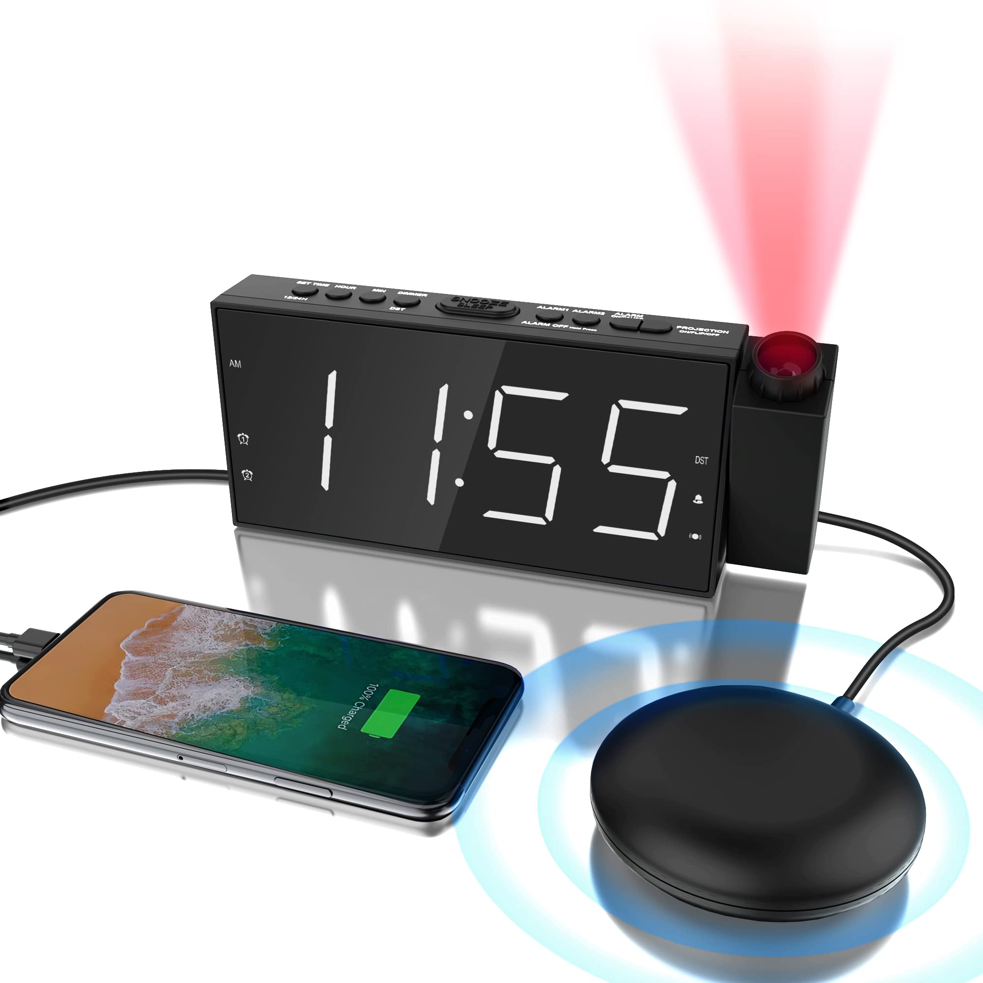 Buy Projection Digital Alarm Clock with Bed Shaker for Bedrooms, Extra