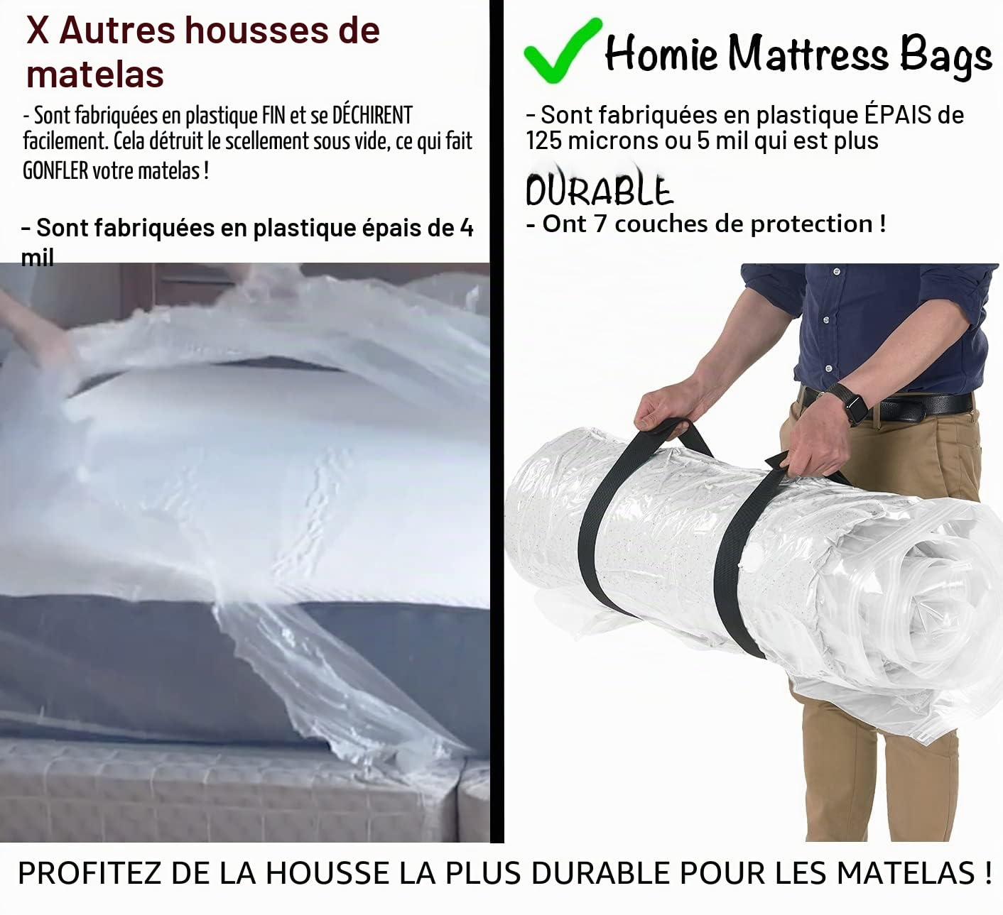 Homie Sac sous Vide pour Matelas, Sac scellable pour Matelas à mémoire de Forme ou à Ressorts intérieurs, Compression et Stockage pour Les déménagements et Les retours (King)