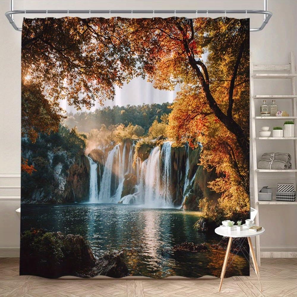 GLWDMB 1 Piece 150x180CM Autumn Waterfall Landscape Printed Shower Curtain With Hook, Polyester, for Windows And Walls, Bathtub, Bathroom, Machine Washable, All Season Universal
