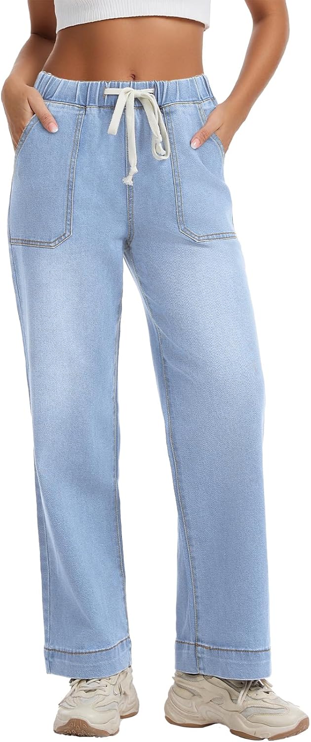 Metietila Pull-on Jeans for Women Straight Leg Elastic Waist Jeans Stretchy Loose High Waisted Denim Pants with Drawstring