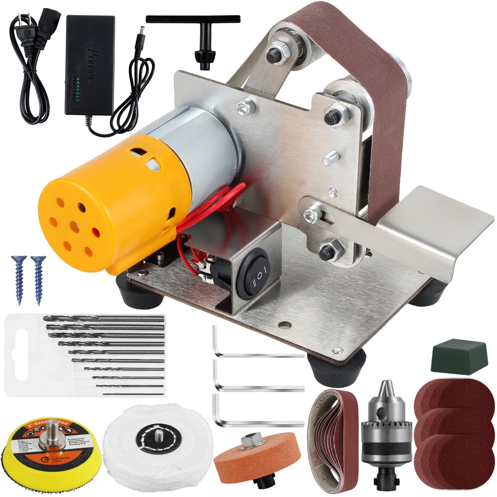 Mini lijadora de banda eléctrica multifuncional, 7 velocidades ajustables, afiladora eléctrica de grano 120-1000, lijadora eléctrica pequeña con almohadilla de pulido de banda de lijado