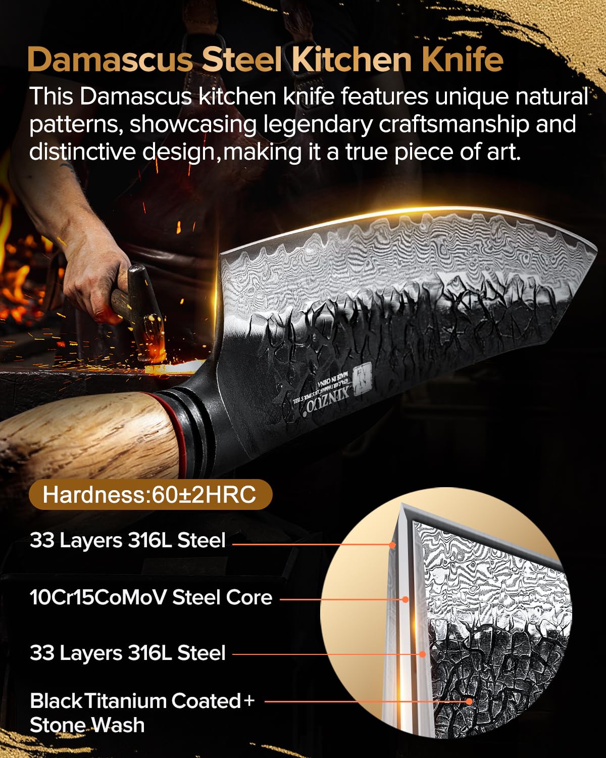 XINZUO 14,5cm Couteau Santoku Acier Damas Noyau en Acier 10Cr15CoMoV -Couteau de Cuisine Forgé à la Main Lames Tranchantes -pour Viande, Poisson, Légumes -Poignée en Chêne Blanc