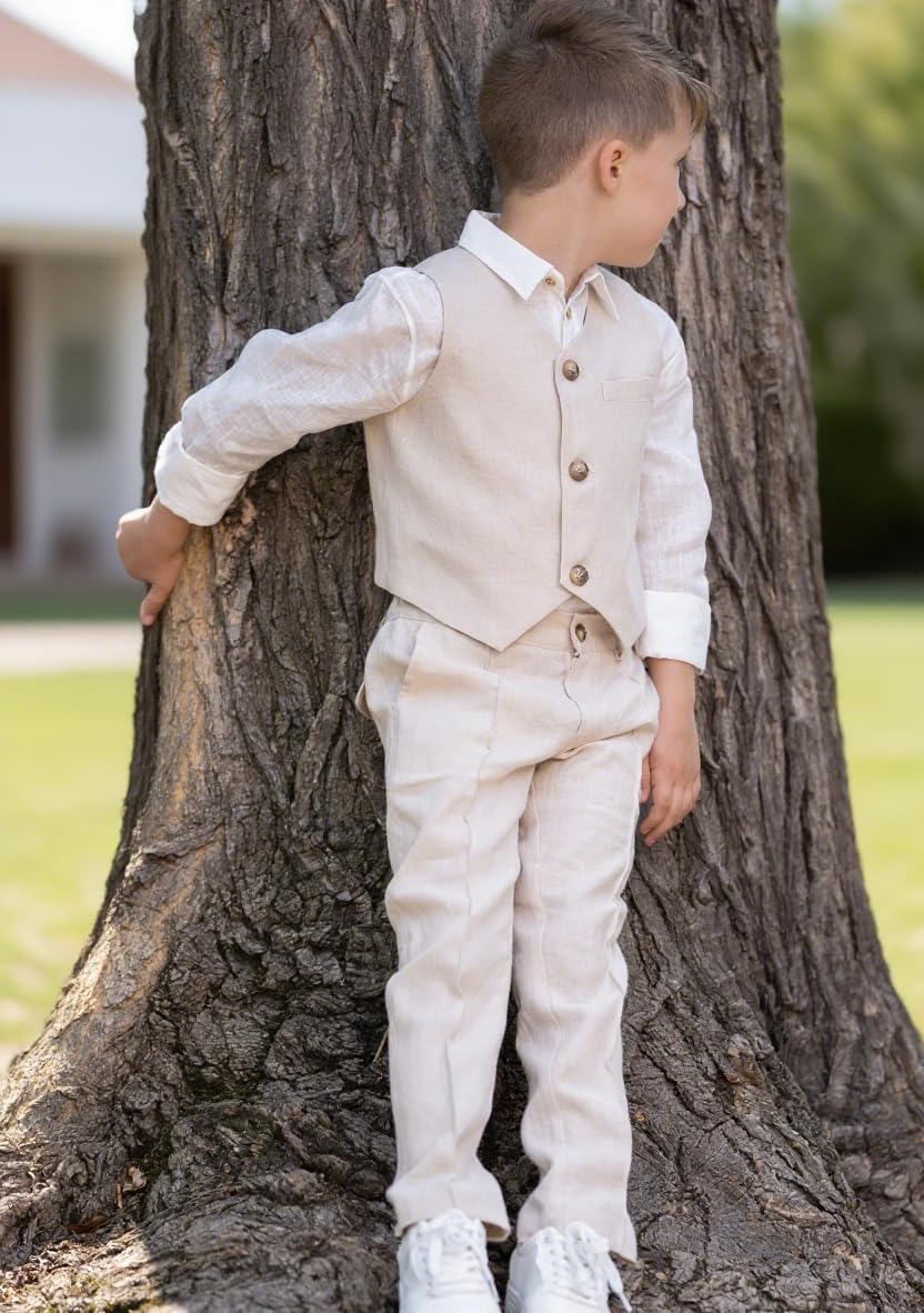 Completo da smoking per ragazzi, 2 pezzi, in lino, con pantaloni lunghi, per adolescenti, ragazzi, bambini, matrimoni, estate