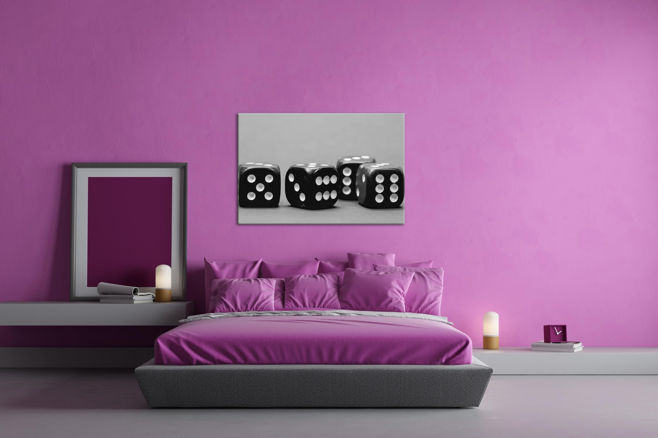 deyoli Kwadratowa kostka do gry, format: 75 x 50 cm, efekt: czarny/biały jako obraz na płótnie, motyw oprawiony na ramie z prawdziwego drewna, wysokiej jakości druk cyfrowy z ramą