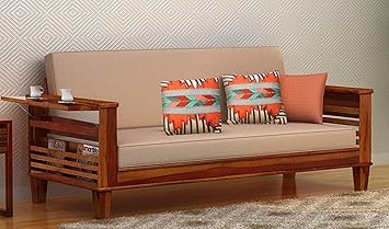 Varsha Furniture Foldable 3 Seater Sheesham Wooden Bed Cum Sofa for Living Room | Sofa Cum Bed | Mattress Included | Made with Indian Sheesham Wood- Honey Finish