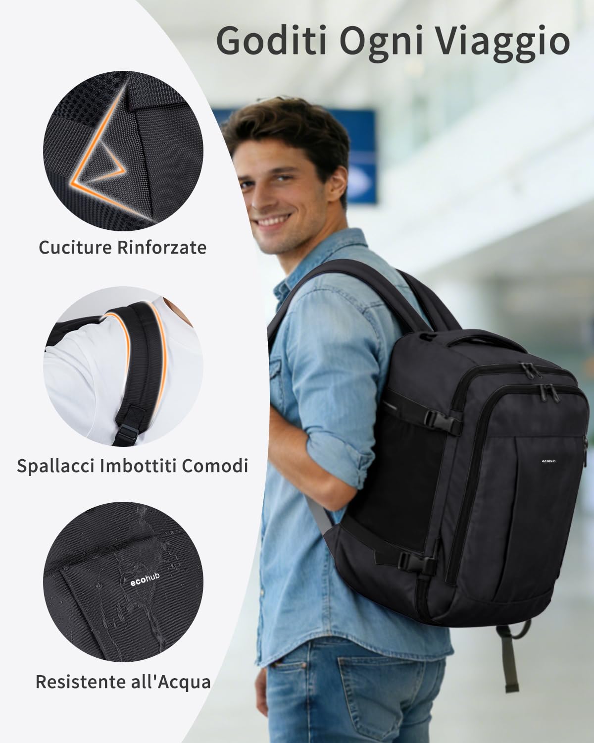 ECOHUB Zaino Ryanair 40x30x20 cm, Bagaglio a Mano 24L, 13 Tasche, Leggero | Tasca Antifurto, Sotto il Sedile, Cerniere SBS, Apertura a 180°, Resistente all'acqua, Materiale Riciclato, per Viaggi Aerei