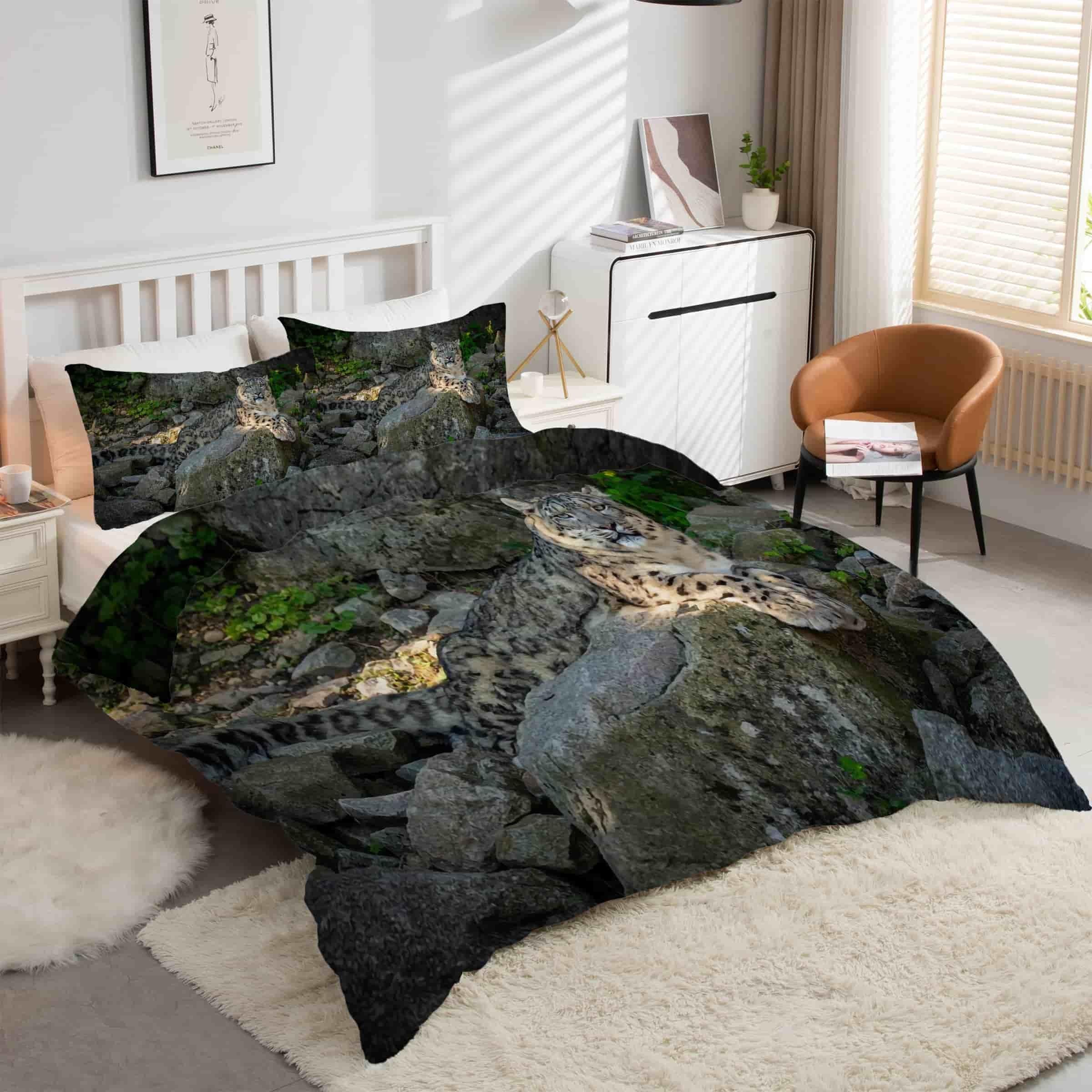 Housse de couette 240x260 panthère des neiges douce et zippée pour lit 2 personnes