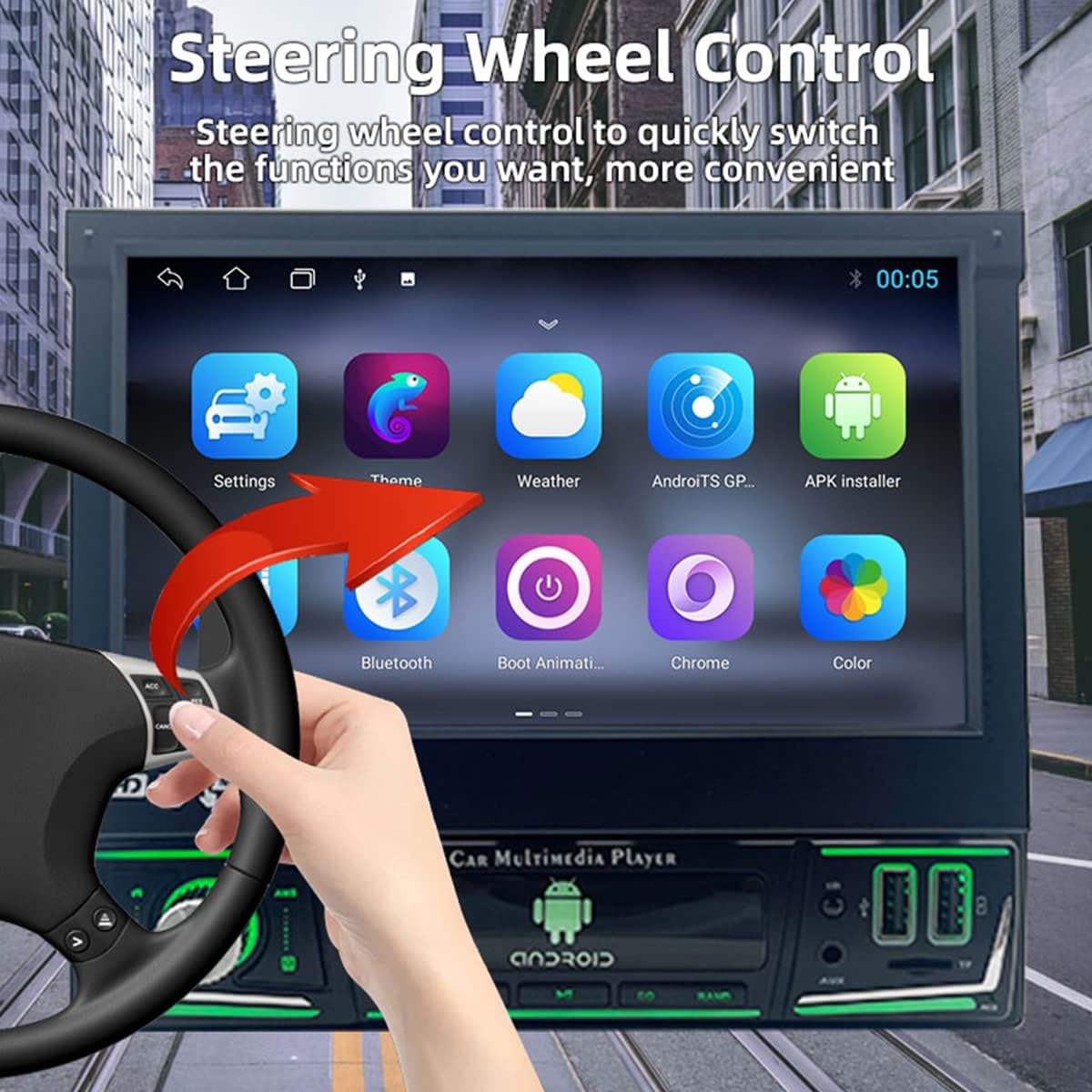 Car stereo screen showing app icons with a hand on a steering wheel